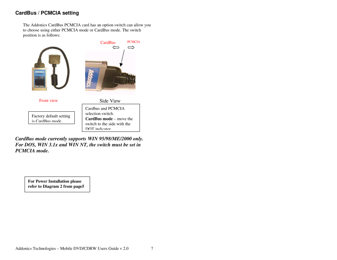 Addonics Technologies Mobile DVD/CDRW manual CardBus / Pcmcia setting 