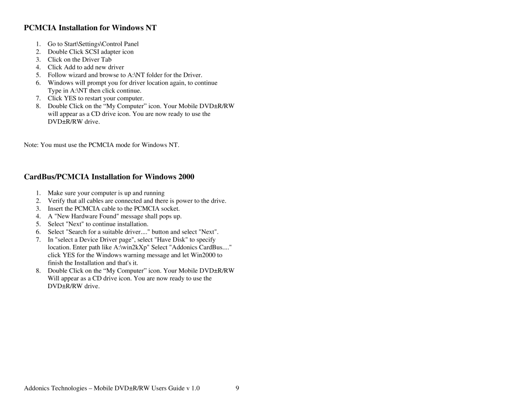 Addonics Technologies Mobile DVDR/RW manual Pcmcia Installation for Windows NT, CardBus/PCMCIA Installation for Windows 