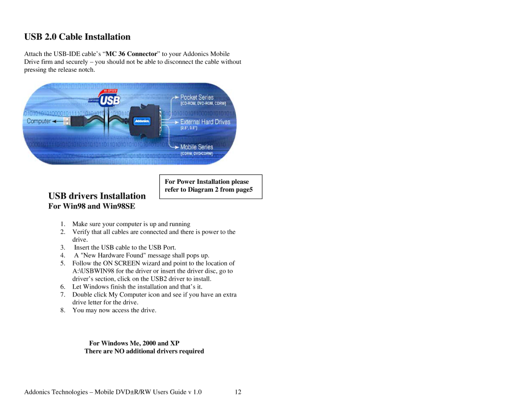 Addonics Technologies Mobile DVDR/RW manual USB 2.0 Cable Installation, For Win98 and Win98SE 