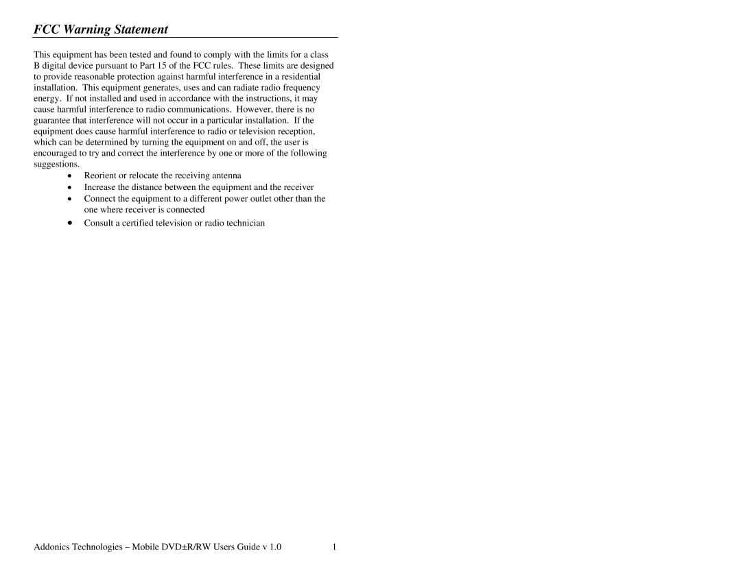 Addonics Technologies Mobile DVDR/RW manual FCC Warning Statement 
