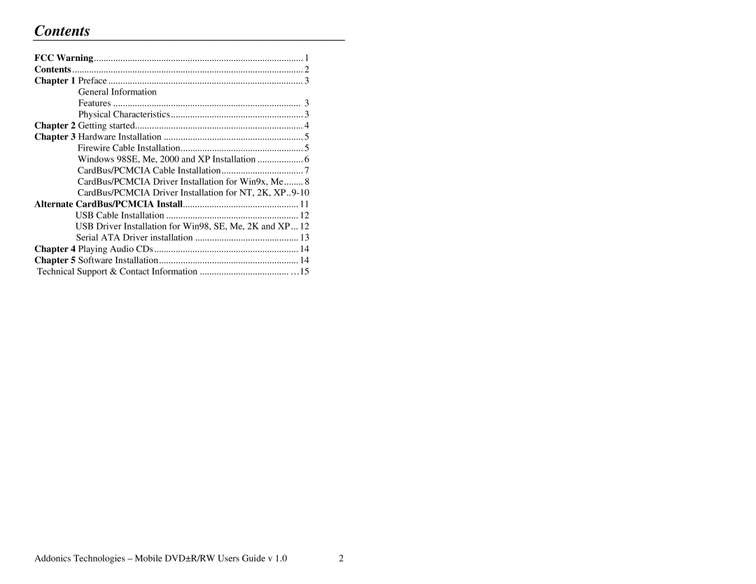 Addonics Technologies Mobile DVDR/RW manual Contents 