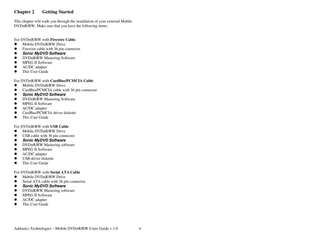 Addonics Technologies Mobile DVDR/RW manual Getting Started, Sonic MyDVD Software 