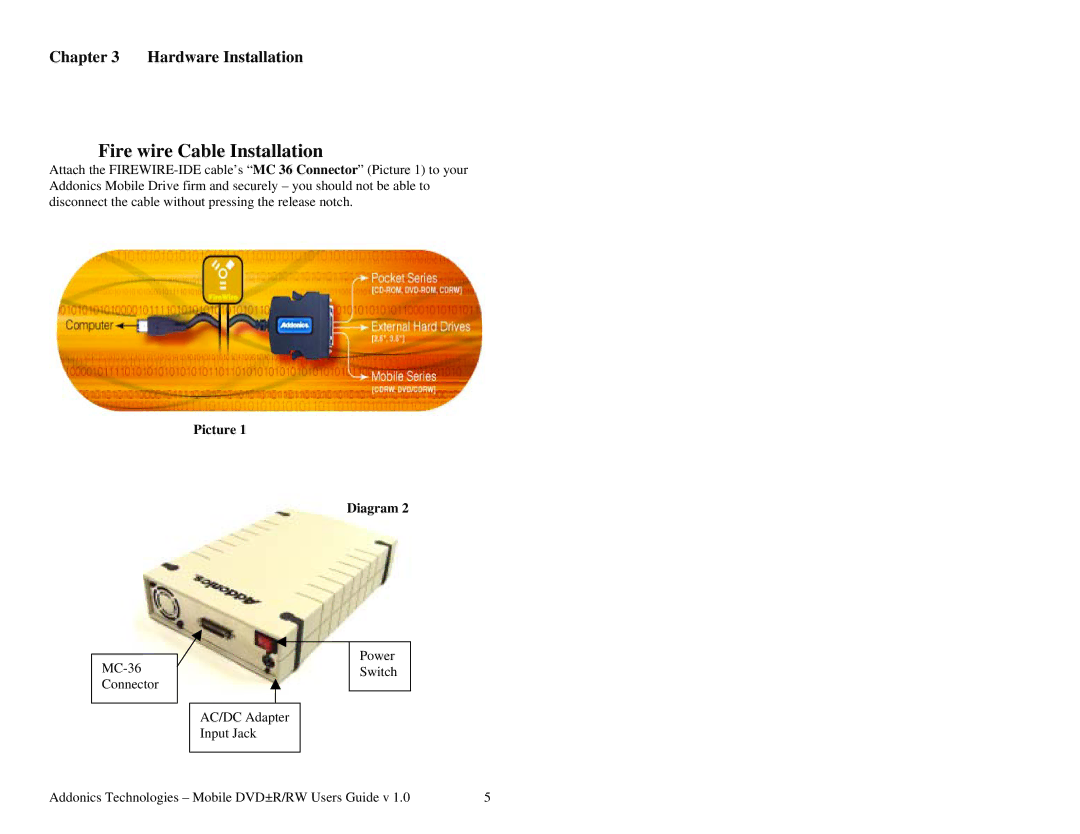 Addonics Technologies Mobile DVDR/RW manual Fire wire Cable Installation, Hardware Installation 