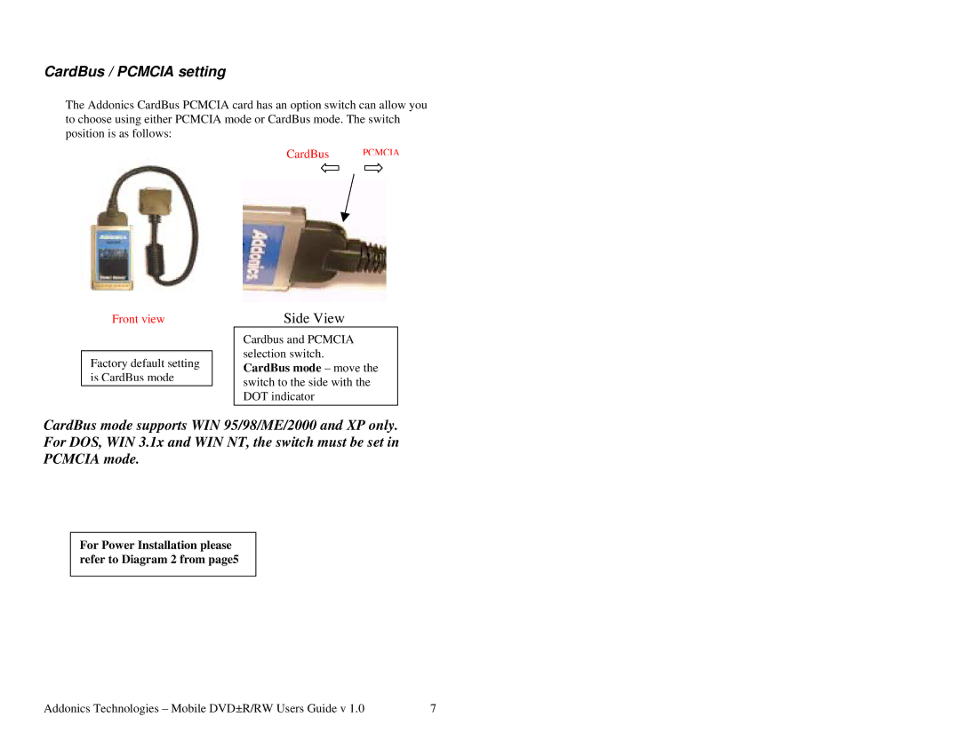 Addonics Technologies Mobile DVDR/RW manual CardBus / Pcmcia setting 