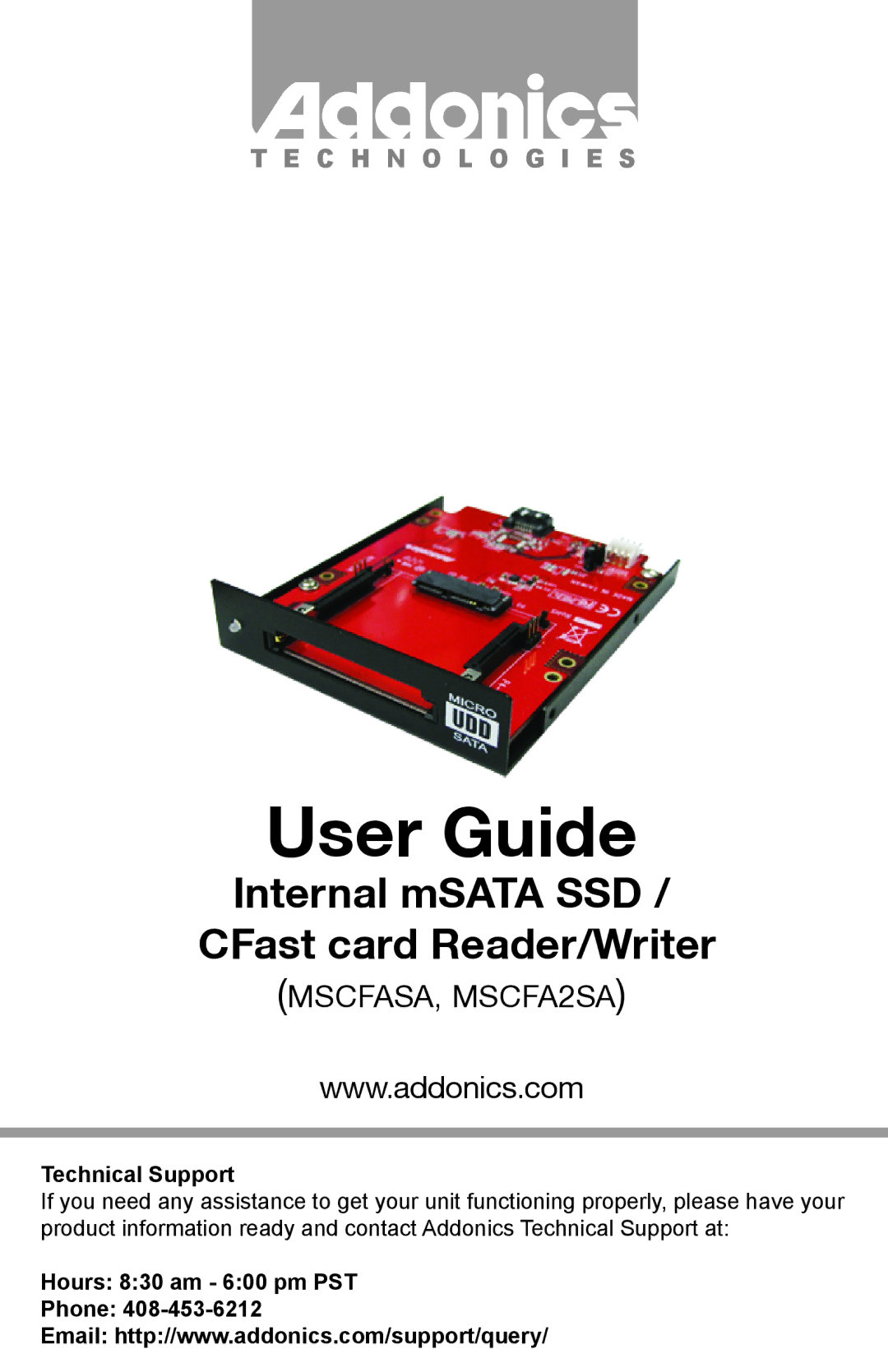 Addonics Technologies manual User Guide, Internal mSATA SSD CFast card Reader/Writer, MSCFASA, MSCFA2SA 