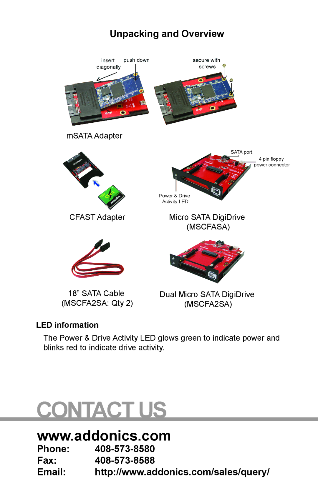 Addonics Technologies MSCFASA, MSCFA2SA manual Contact US, Unpacking and Overview, Phone Fax, LED information 