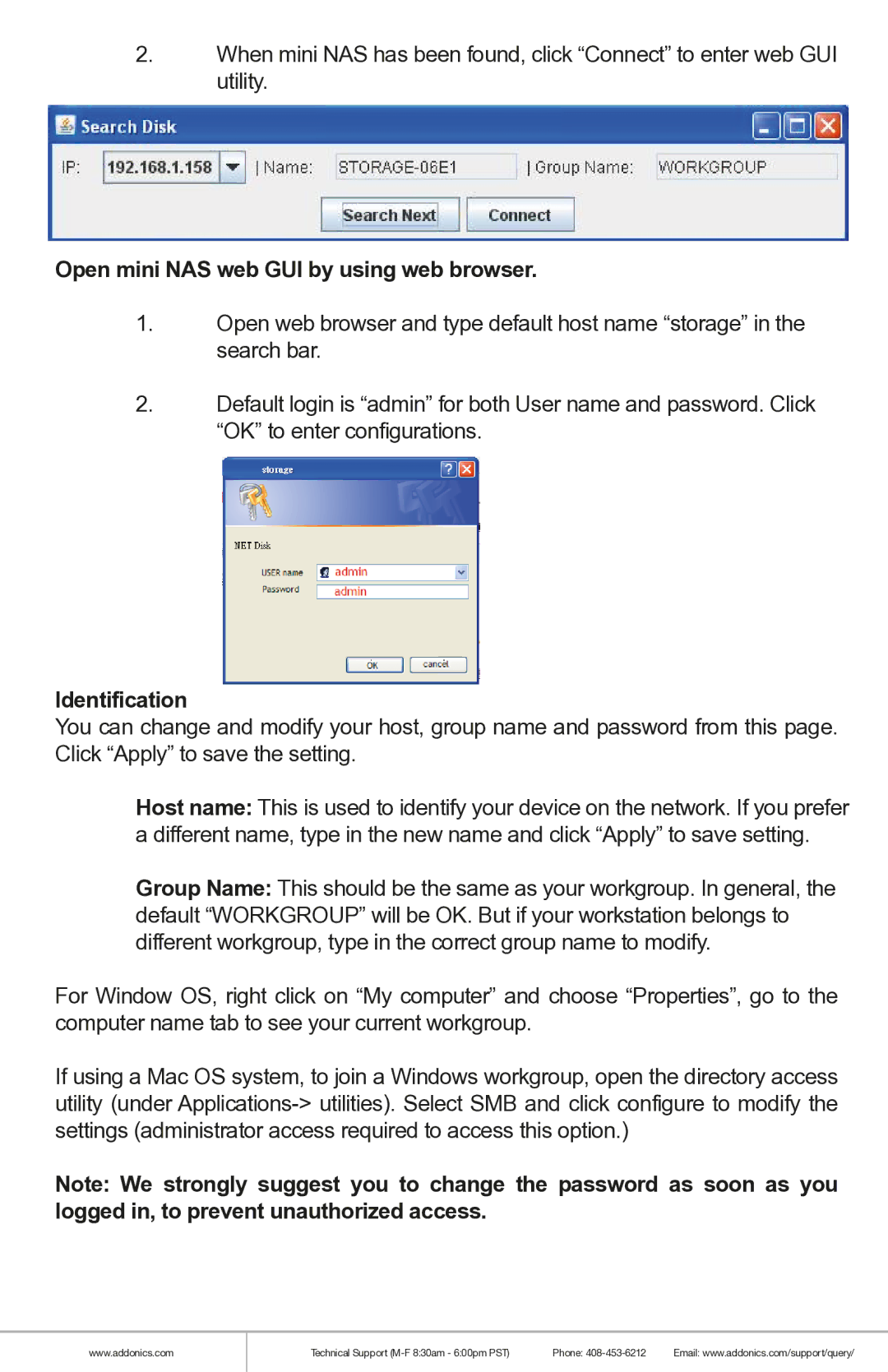 Addonics Technologies NAS25HDU2 manual Open mini NAS web GUI by using web browser, Identification 