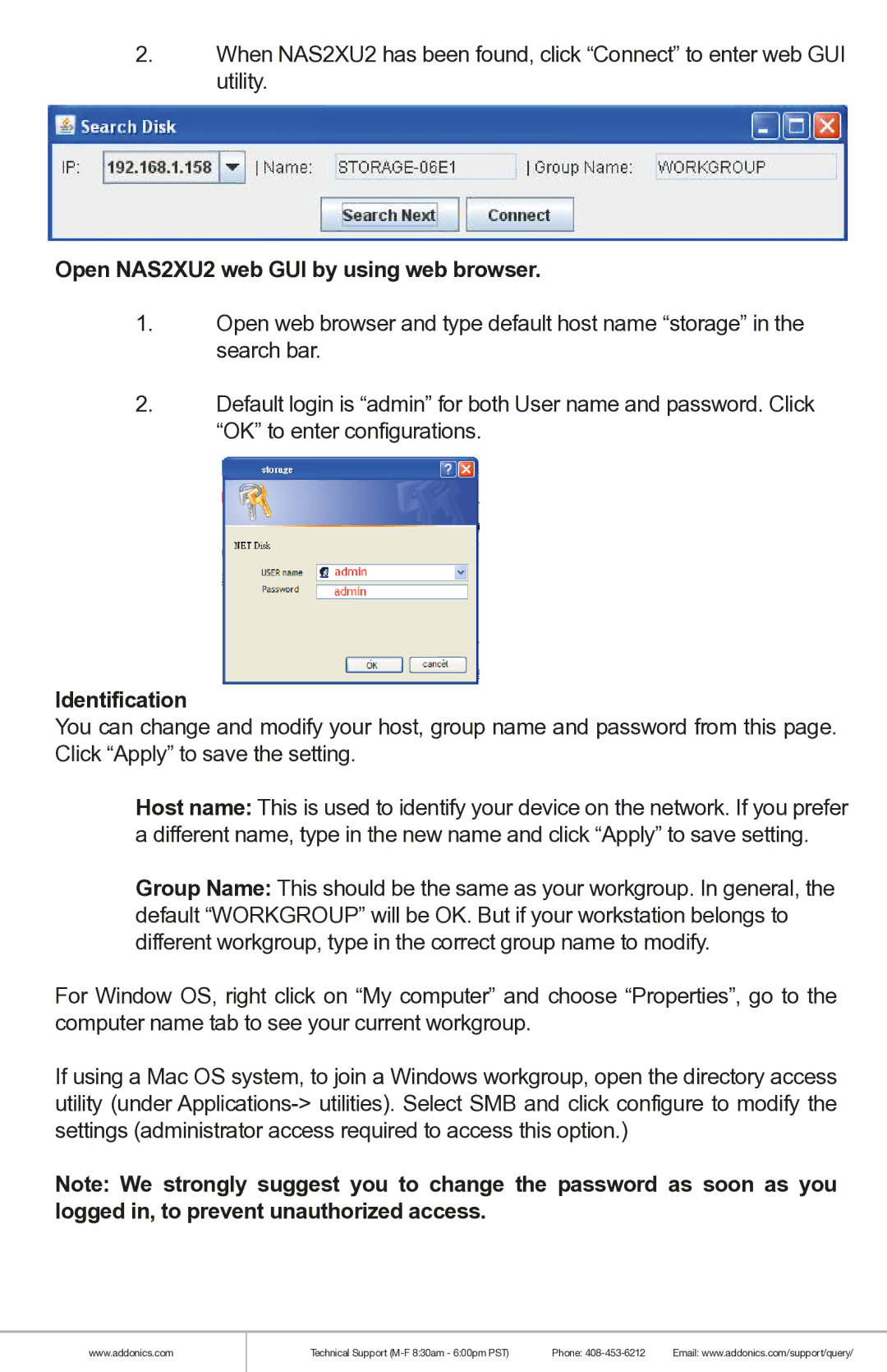 Addonics Technologies manual Open NAS2XU2 web GUI by using web browser, Identification 