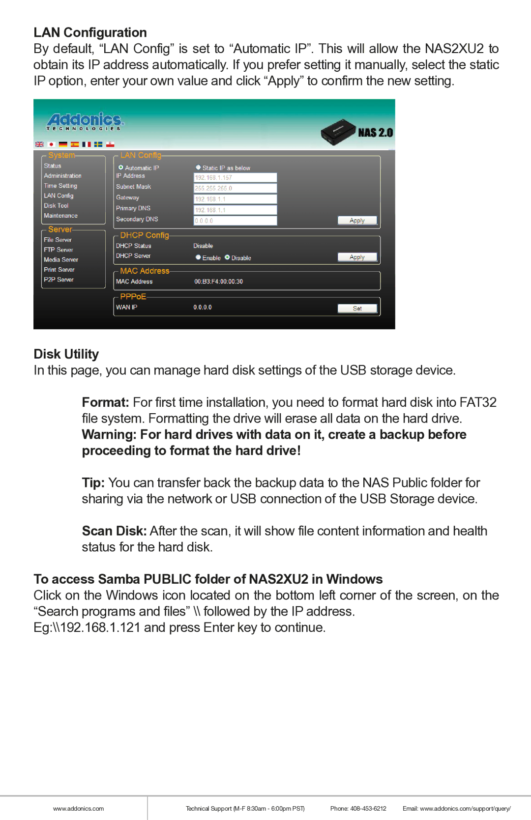 Addonics Technologies manual LAN Configuration, Disk Utility, To access Samba Public folder of NAS2XU2 in Windows 