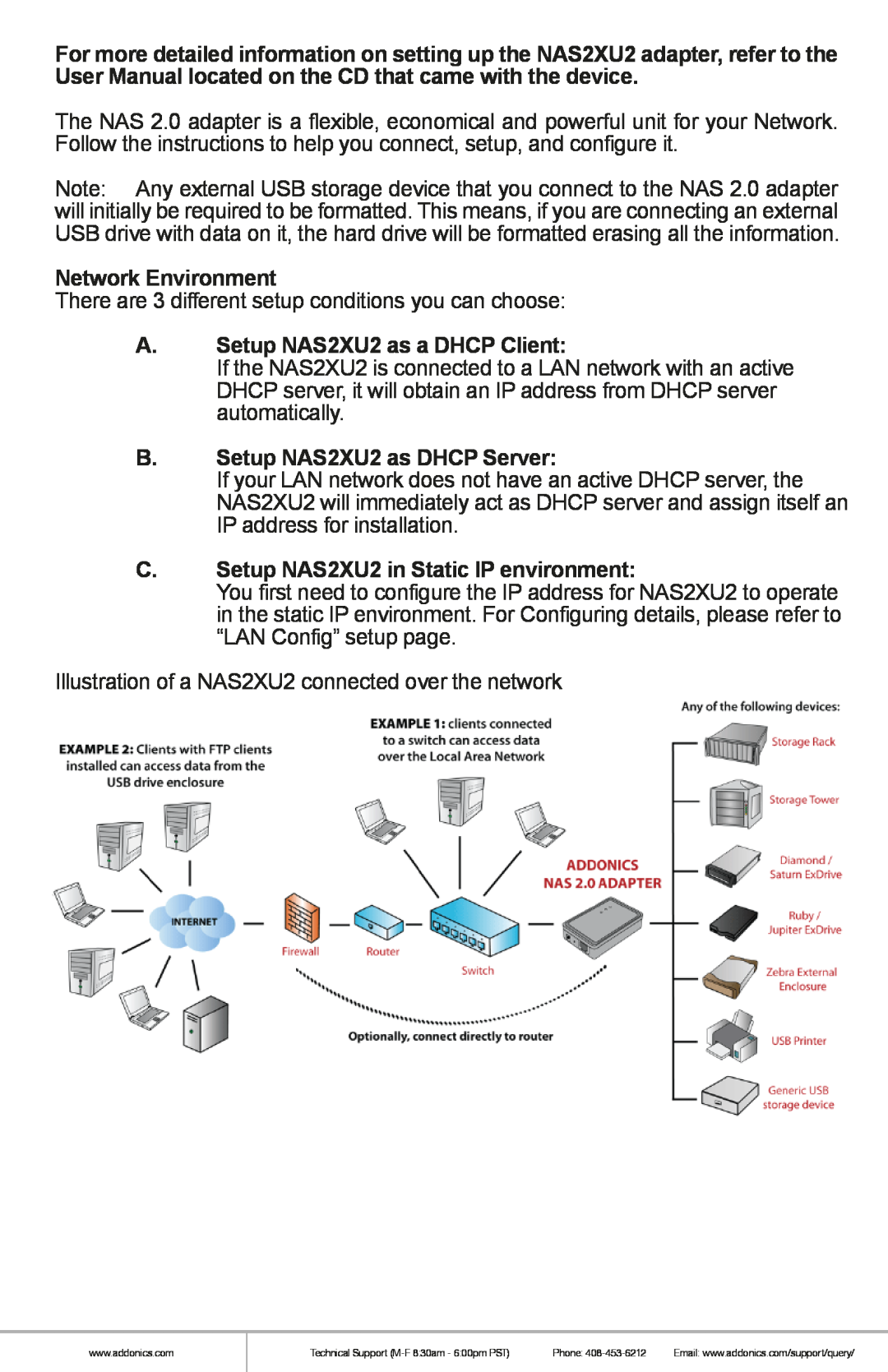 Addonics Technologies manual Network Environment, A. Setup NAS2XU2 as a DHCP Client, B. Setup NAS2XU2 as DHCP Server 