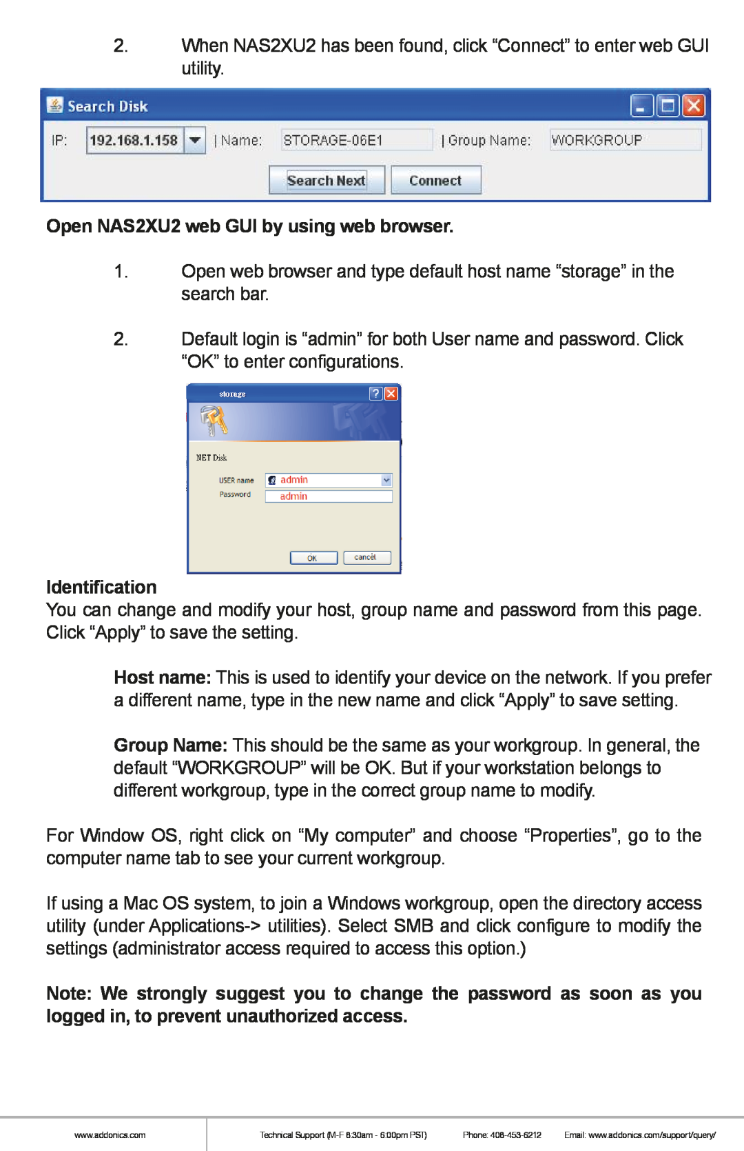 Addonics Technologies manual Open NAS2XU2 web GUI by using web browser, Identification 