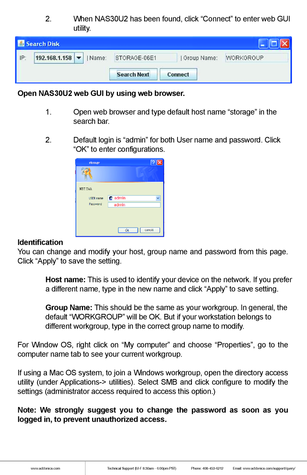 Addonics Technologies manual Open NAS30U2 web GUI by using web browser, Identification 