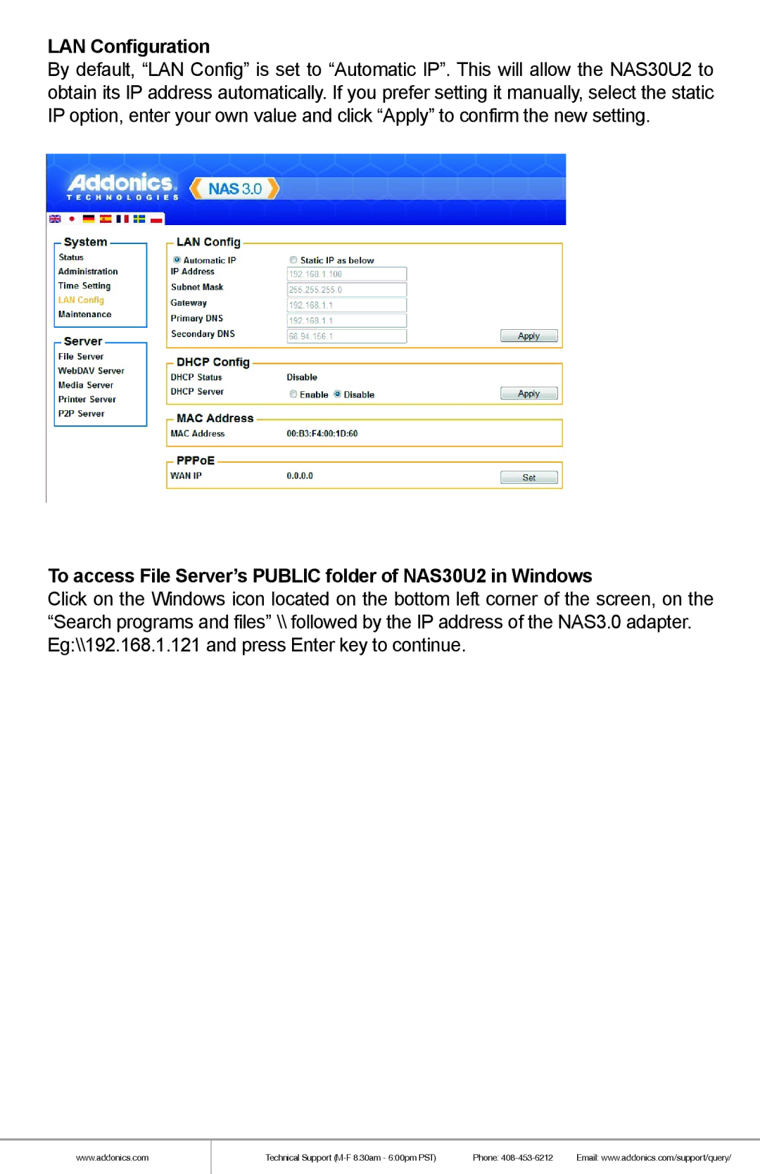 Addonics Technologies manual LAN Configuration, To access File Server’s Public folder of NAS30U2 in Windows 