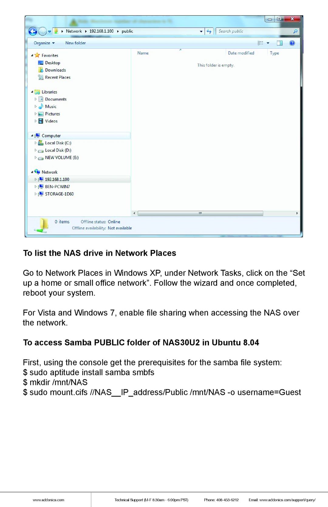 Addonics Technologies manual To list the NAS drive in Network Places, To access Samba Public folder of NAS30U2 in Ubuntu 