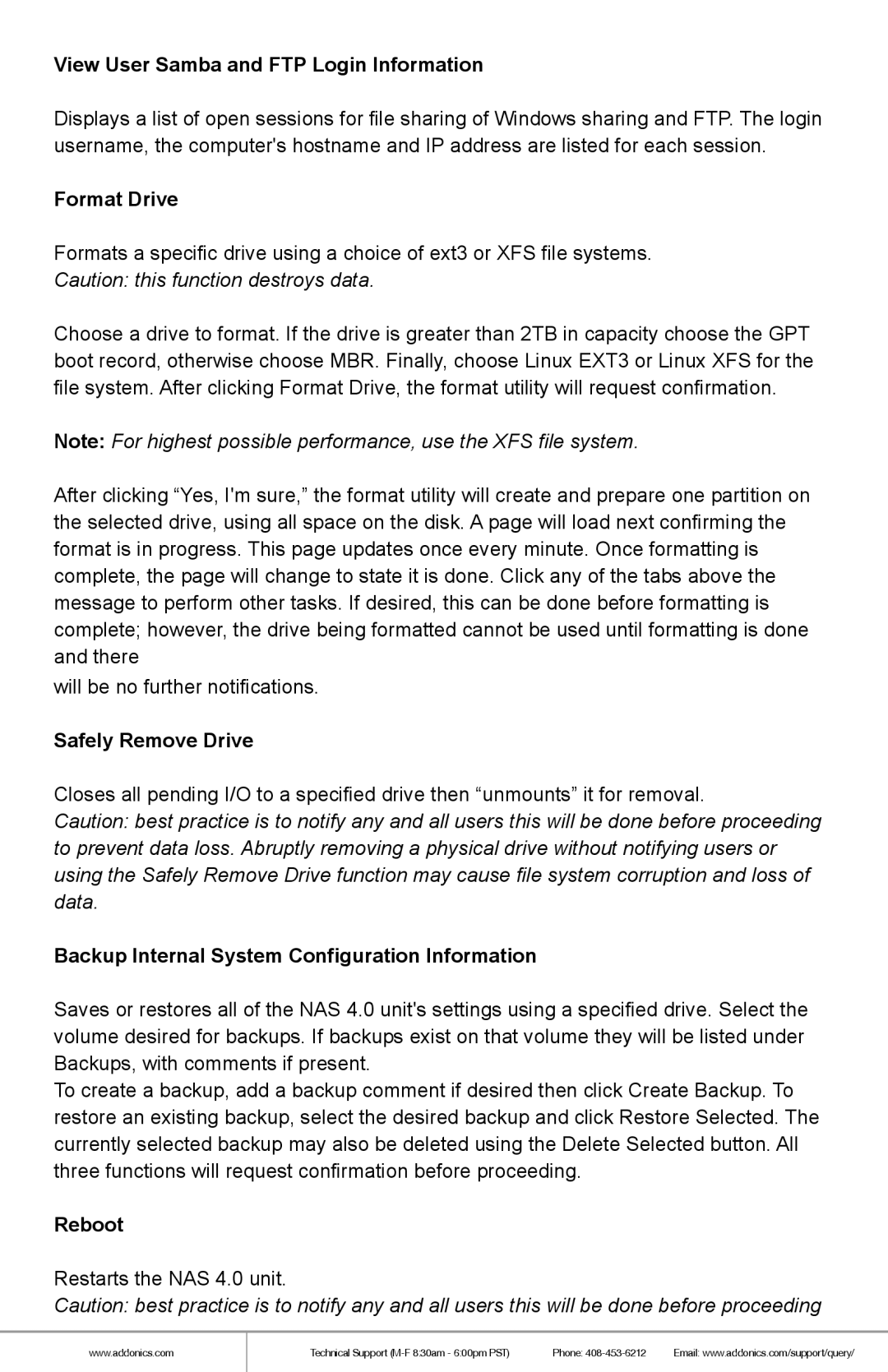 Addonics Technologies NAS40ESU manual View User Samba and FTP Login Information, Format Drive, Safely Remove Drive, Reboot 