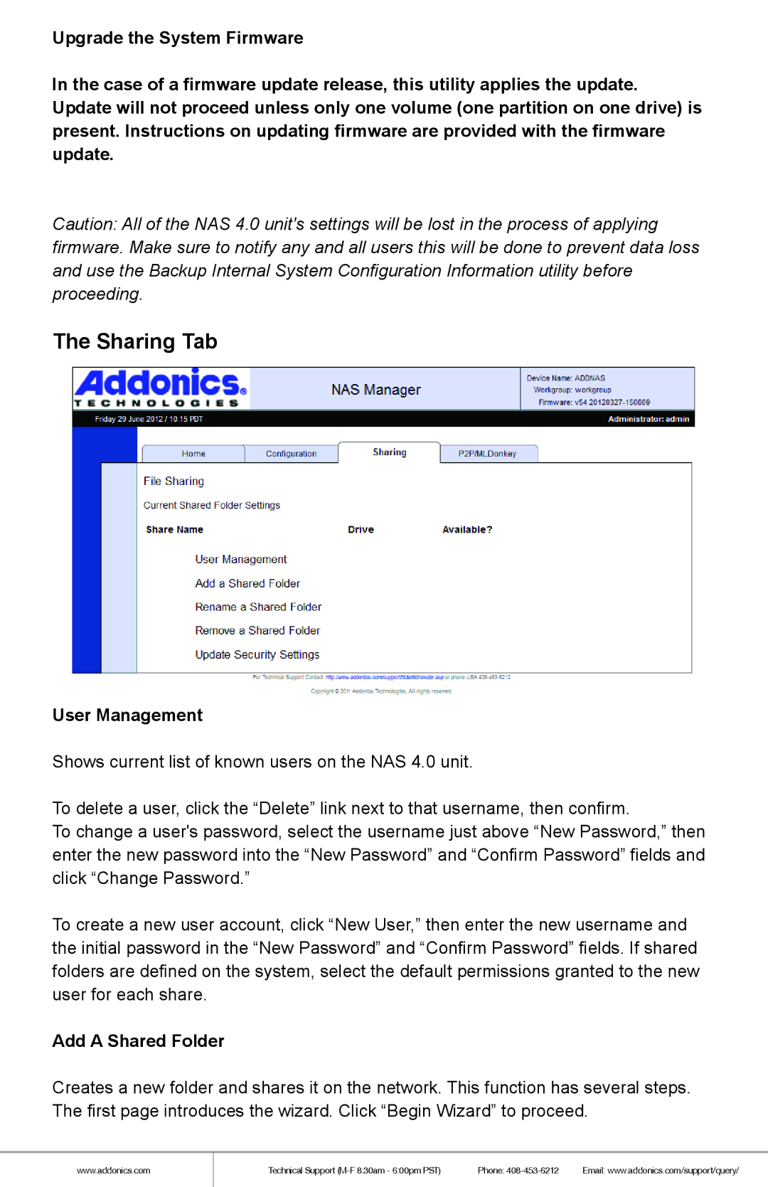Addonics Technologies NAS40ESU manual Sharing Tab, User Management, Add a Shared Folder 
