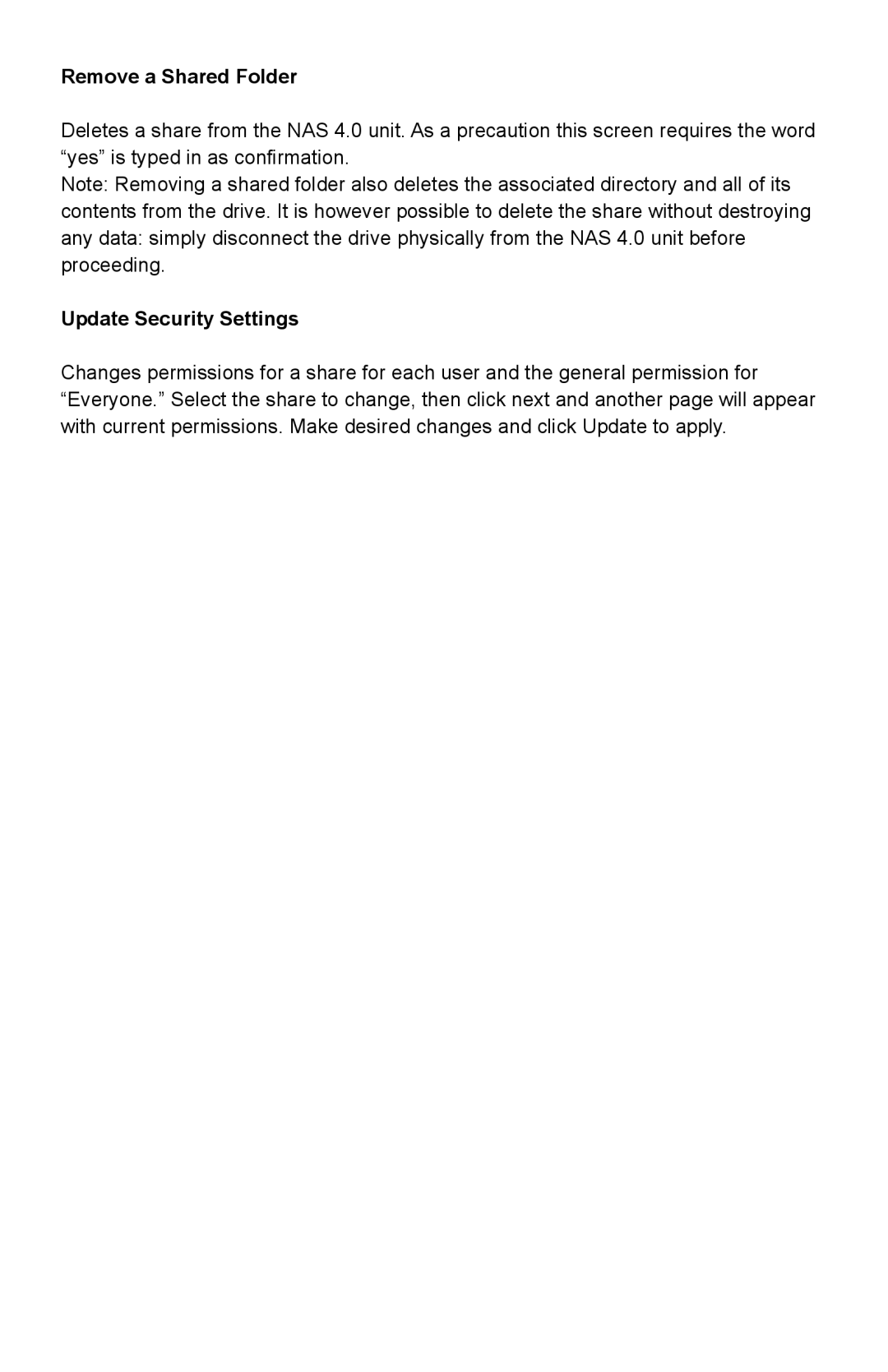 Addonics Technologies NAS40ESU manual Remove a Shared Folder, Update Security Settings 