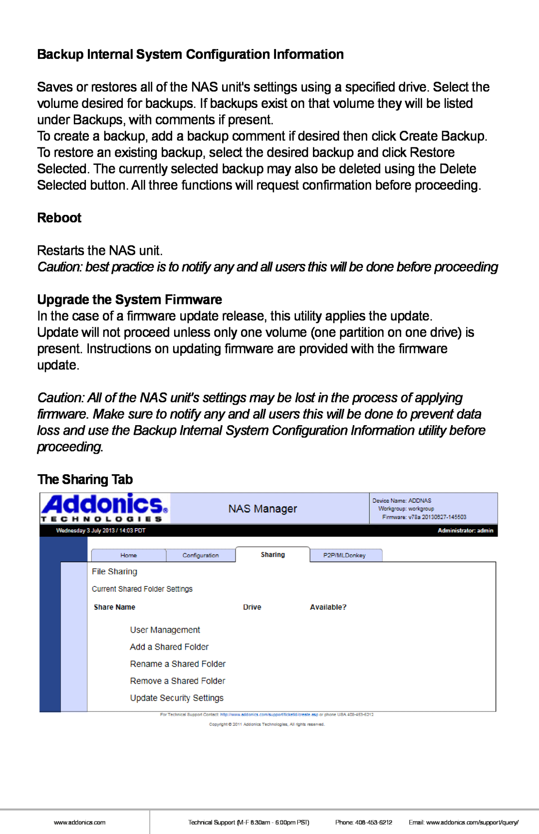 Addonics Technologies NAS4RM manual Backup Internal System Configuration Information, Reboot, Upgrade the System Firmware 