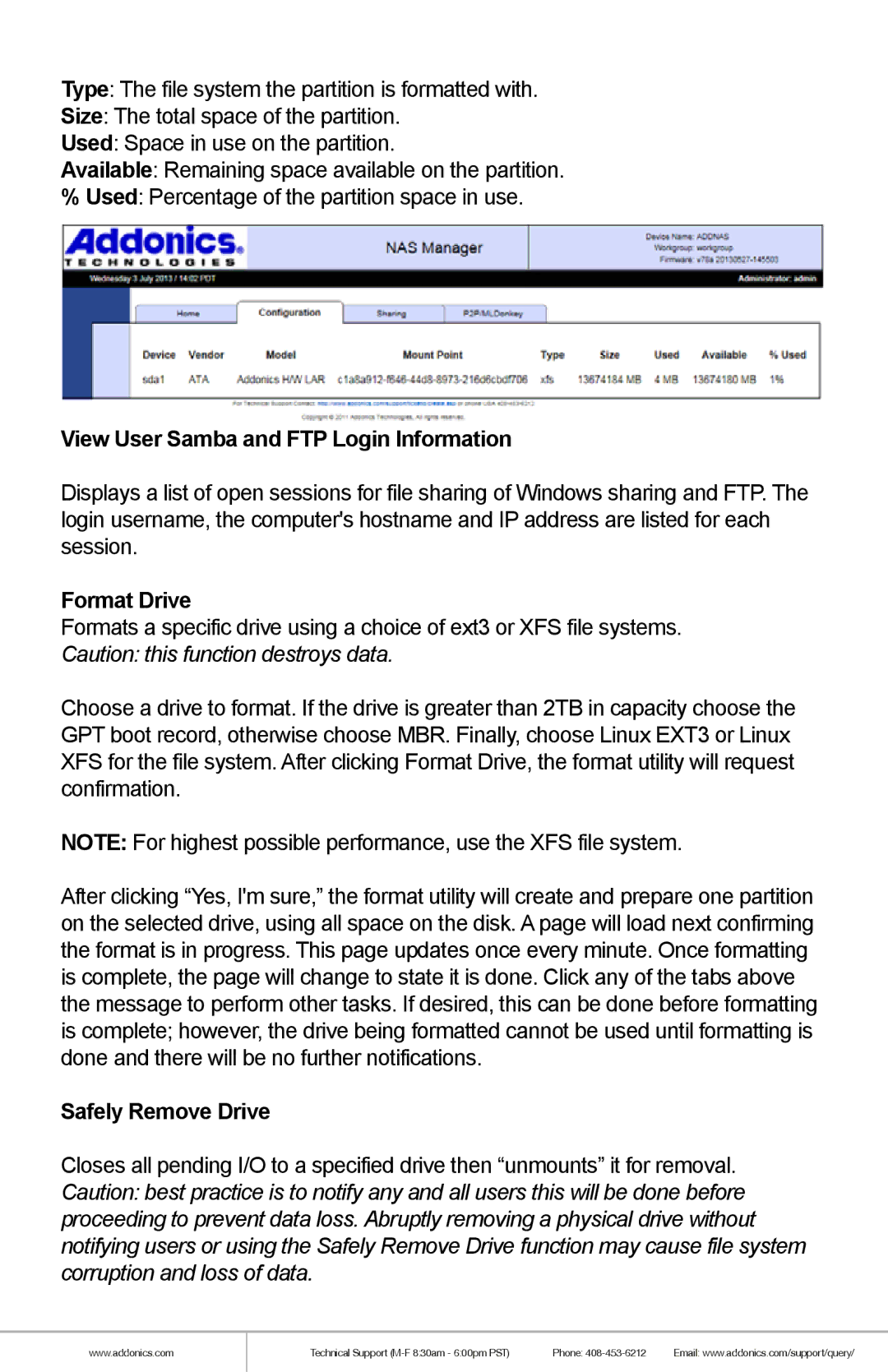 Addonics Technologies NAS4RM manual View User Samba and FTP Login Information, Format Drive, Safely Remove Drive 