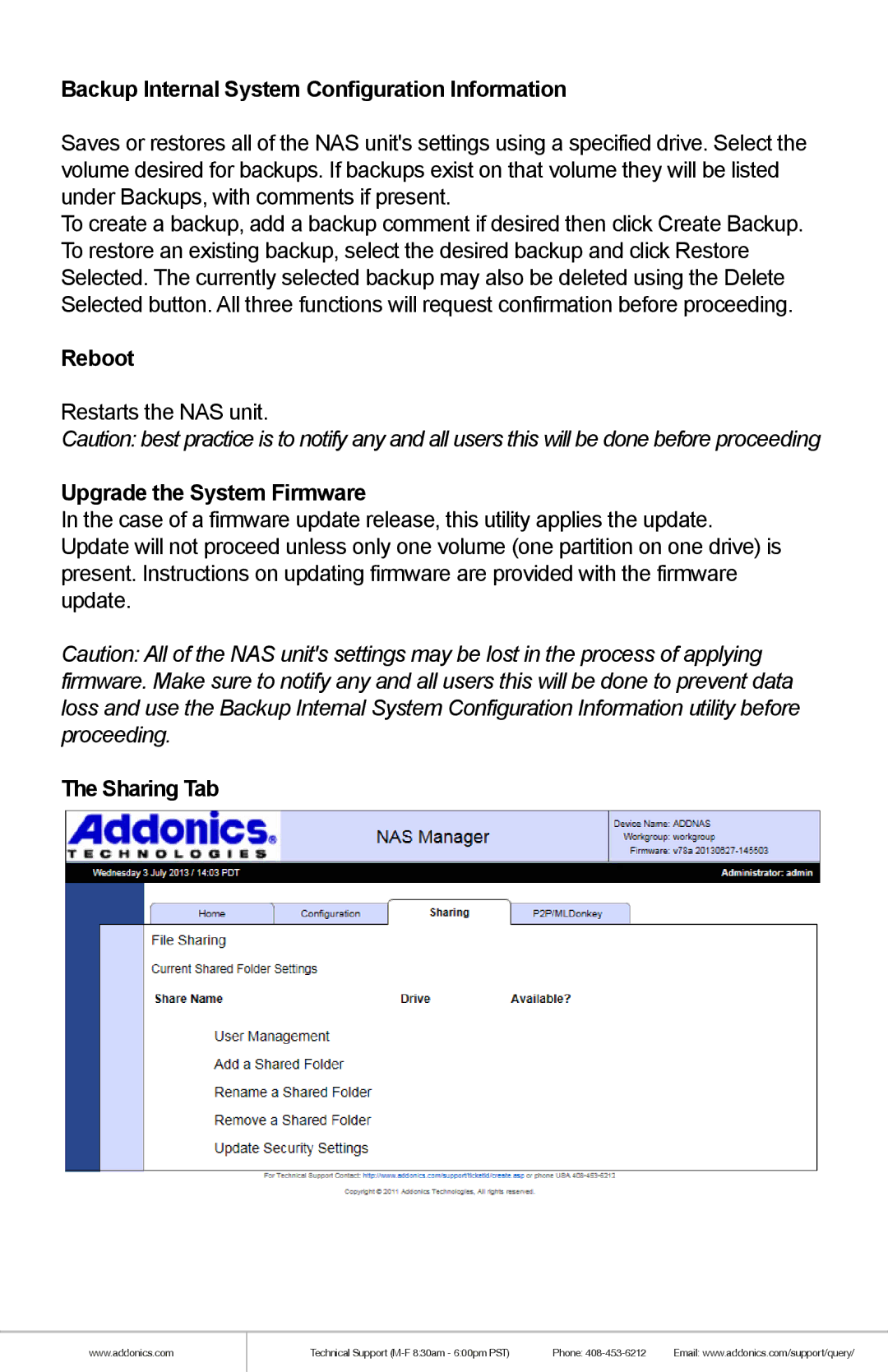 Addonics Technologies NAS4RM manual Backup Internal System Configuration Information, Reboot, Upgrade the System Firmware 