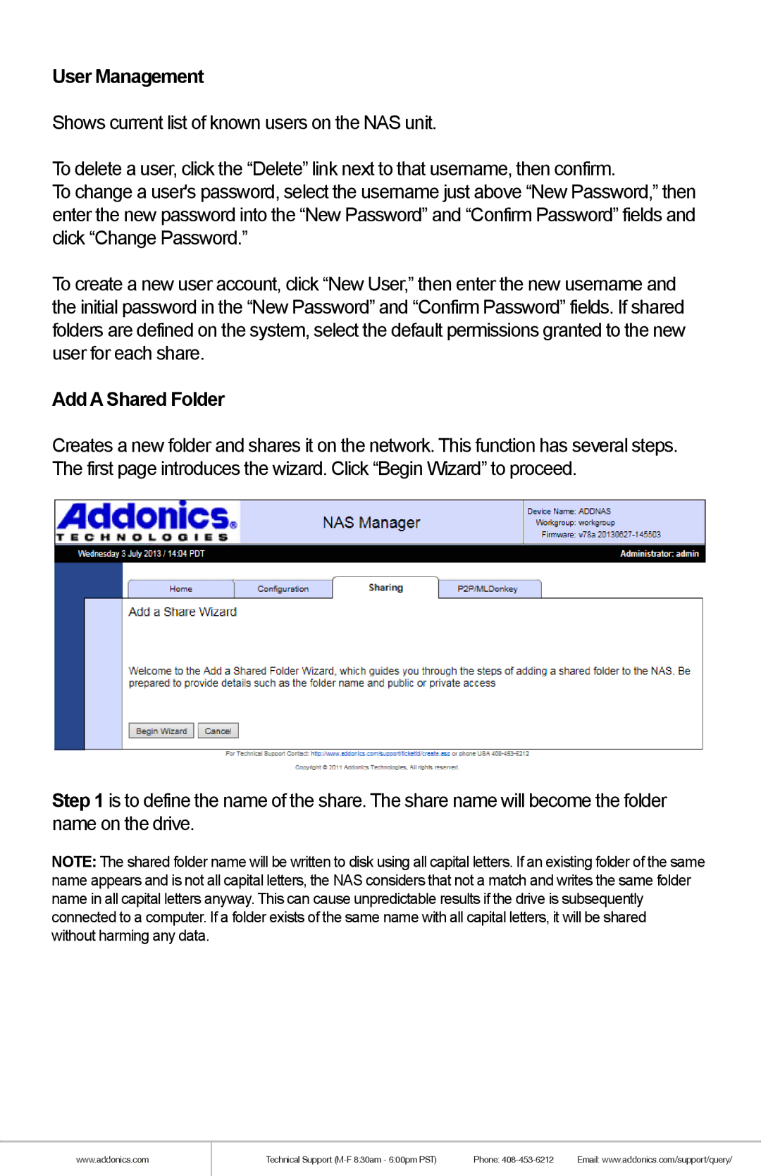 Addonics Technologies NAS4RM manual User Management, Add a Shared Folder 