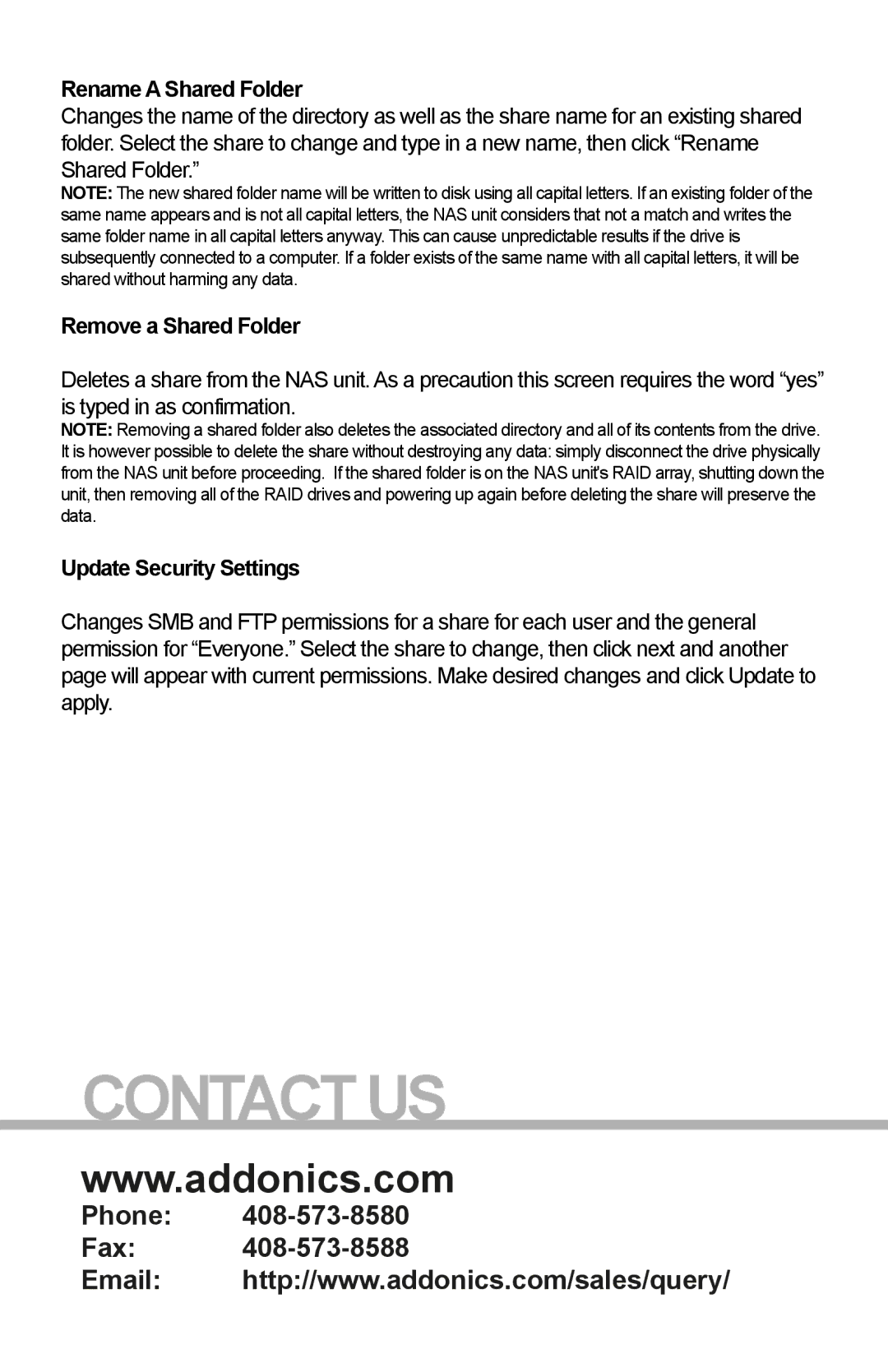 Addonics Technologies NAS4RM manual Rename a Shared Folder, Remove a Shared Folder, Update Security Settings 