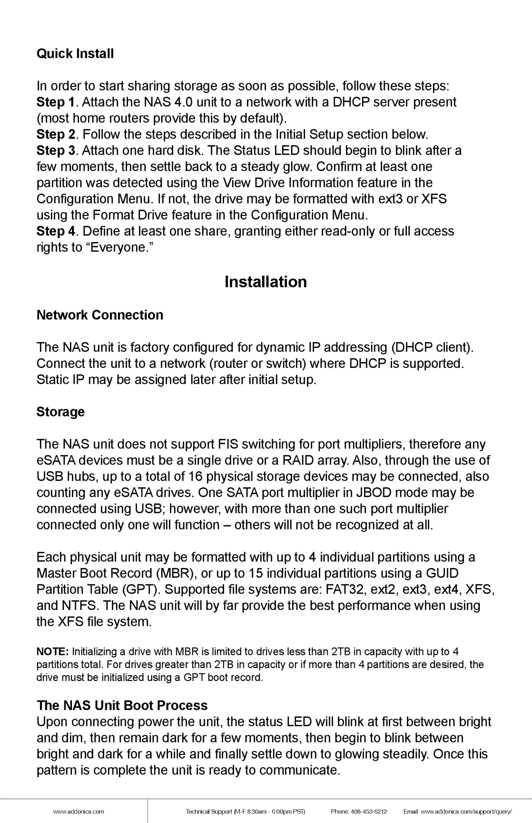 Addonics Technologies NAS4RM manual Installation, Quick Install, Network Connection, Storage, NAS Unit Boot Process 