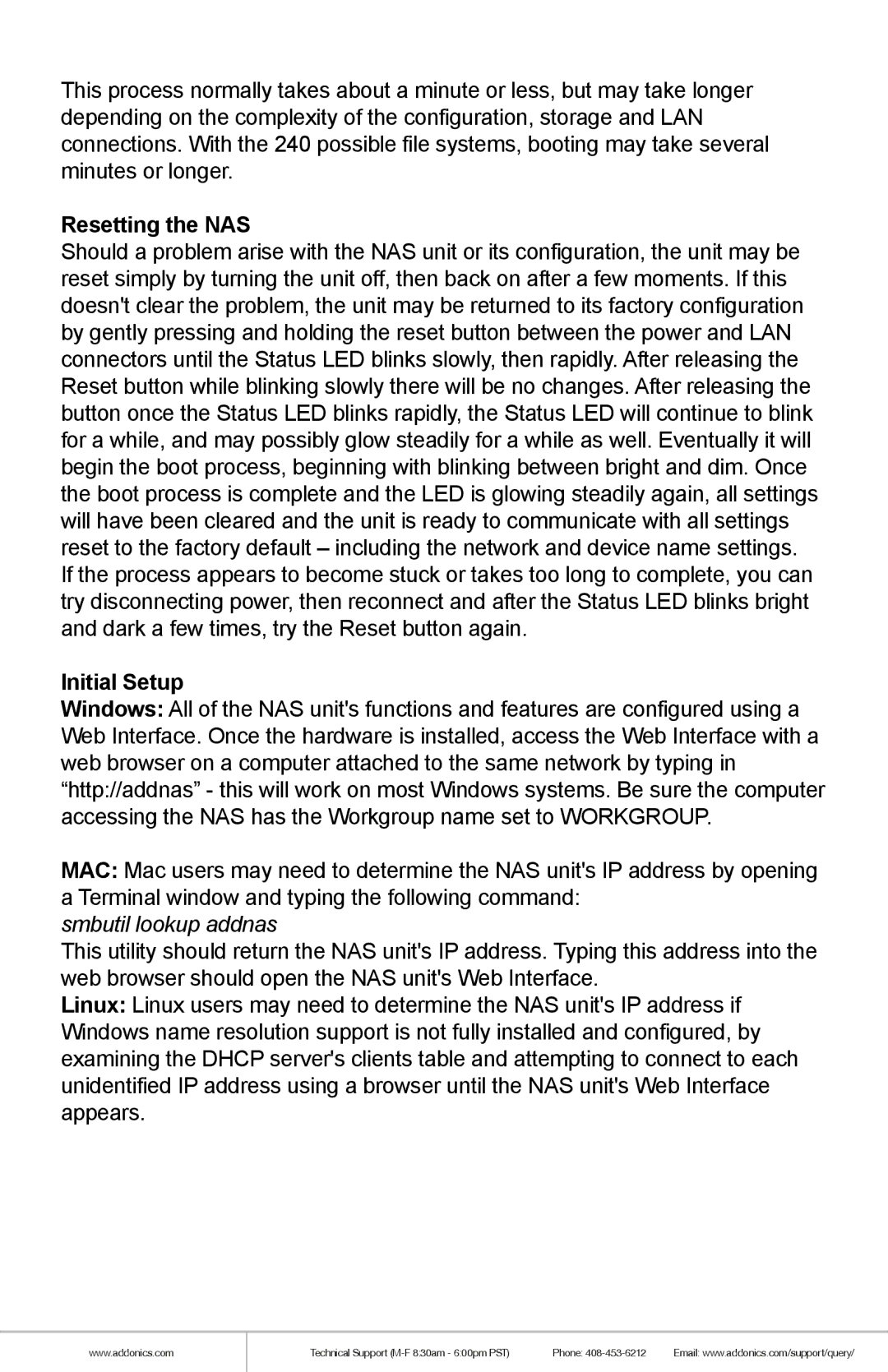 Addonics Technologies NAS4RM manual Resetting the NAS, Initial Setup 