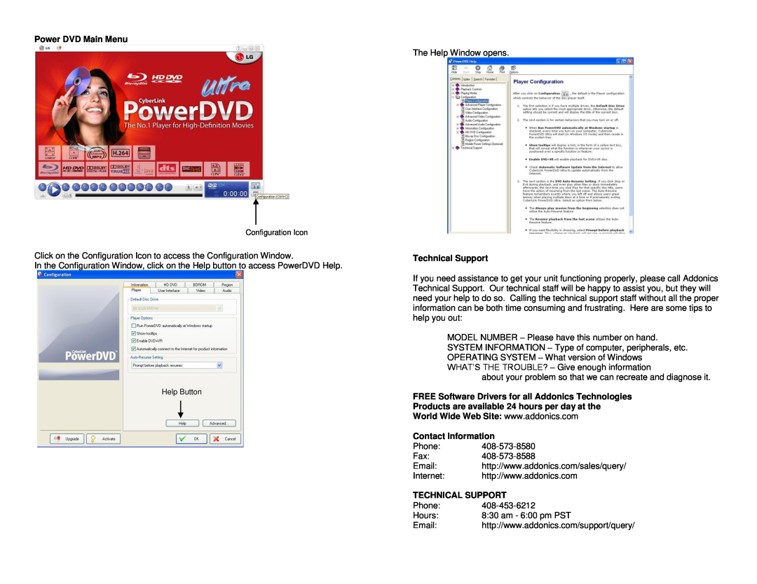 Addonics Technologies PBRDRUE Power DVD Main Menu, Technical Support, FREE Software Drivers for all Addonics Technologies 