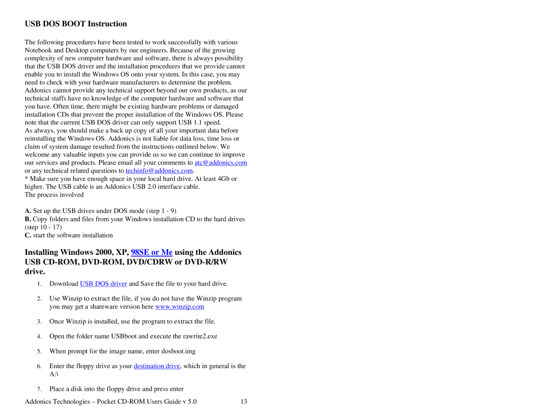 Addonics Technologies PCMCIA manual USB DOS Boot Instruction 