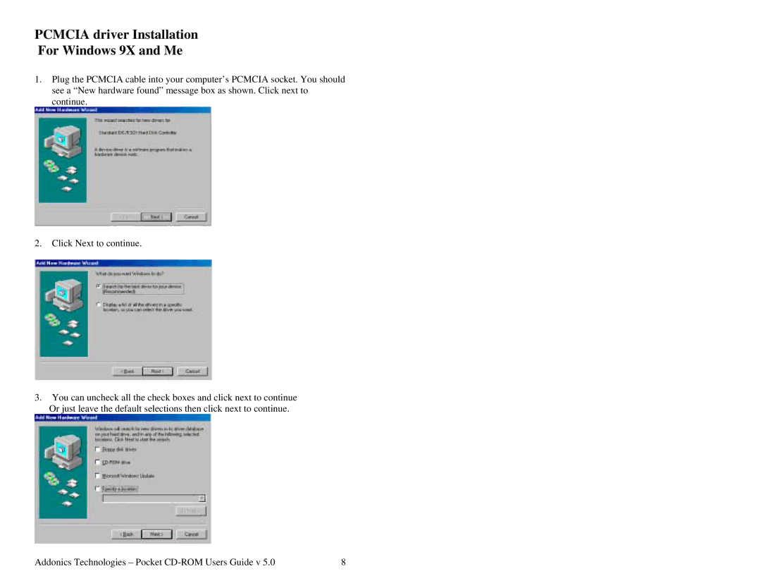 Addonics Technologies PCMCIA manual Pcmcia driver Installation For Windows 9X and Me 