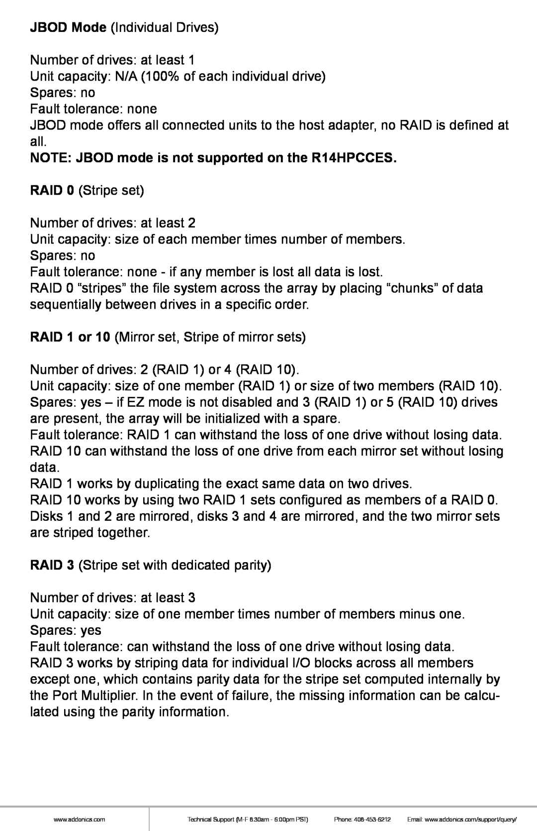 Addonics Technologies manual NOTE JBOD mode is not supported on the R14HPCCES 