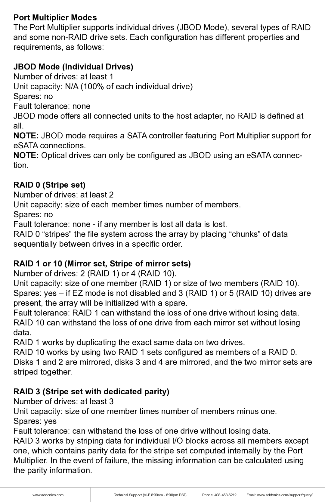 Addonics Technologies R1ESU3F Port Multiplier Modes, Jbod Mode Individual Drives, RAID 3 Stripe set with dedicated parity 