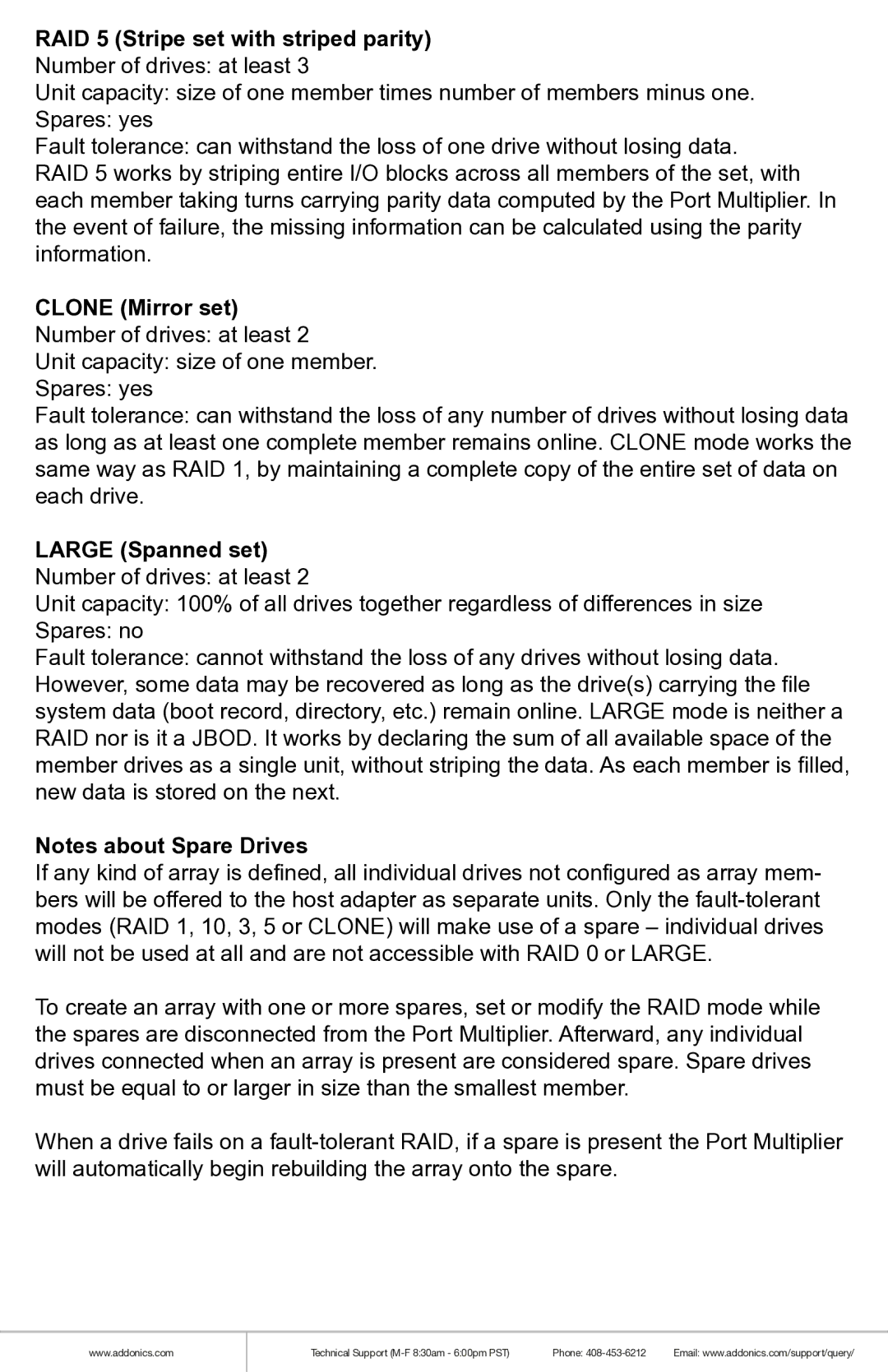 Addonics Technologies R1ESU3F manual RAID 5 Stripe set with striped parity, Clone Mirror set Number of drives at least 