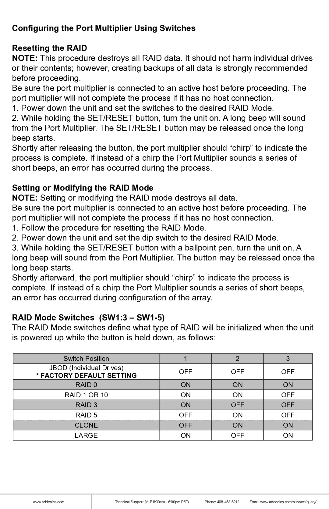 Addonics Technologies R1ESU3F manual Setting or Modifying the RAID Mode, RAID Mode Switches SW13 SW1-5 