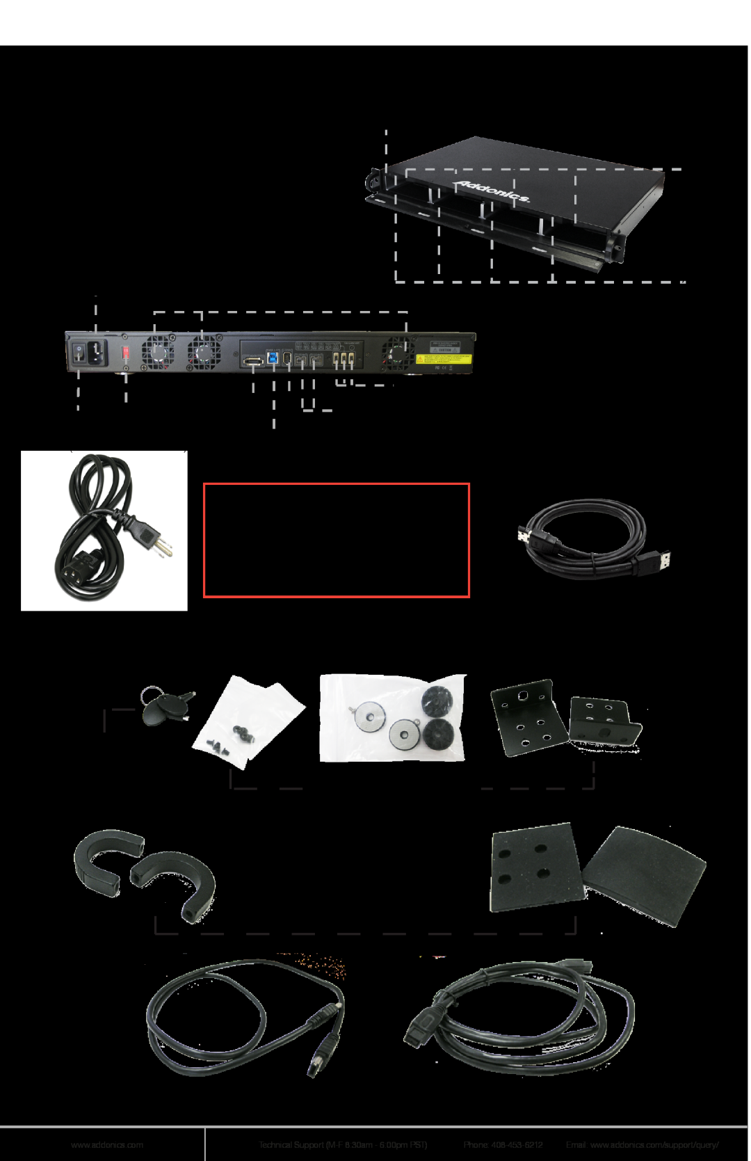 Addonics Technologies R1ESU3F Unpacking and Overview, Front Door keys Rack Mounting kit Desktop accessories, FW 400 Cable 