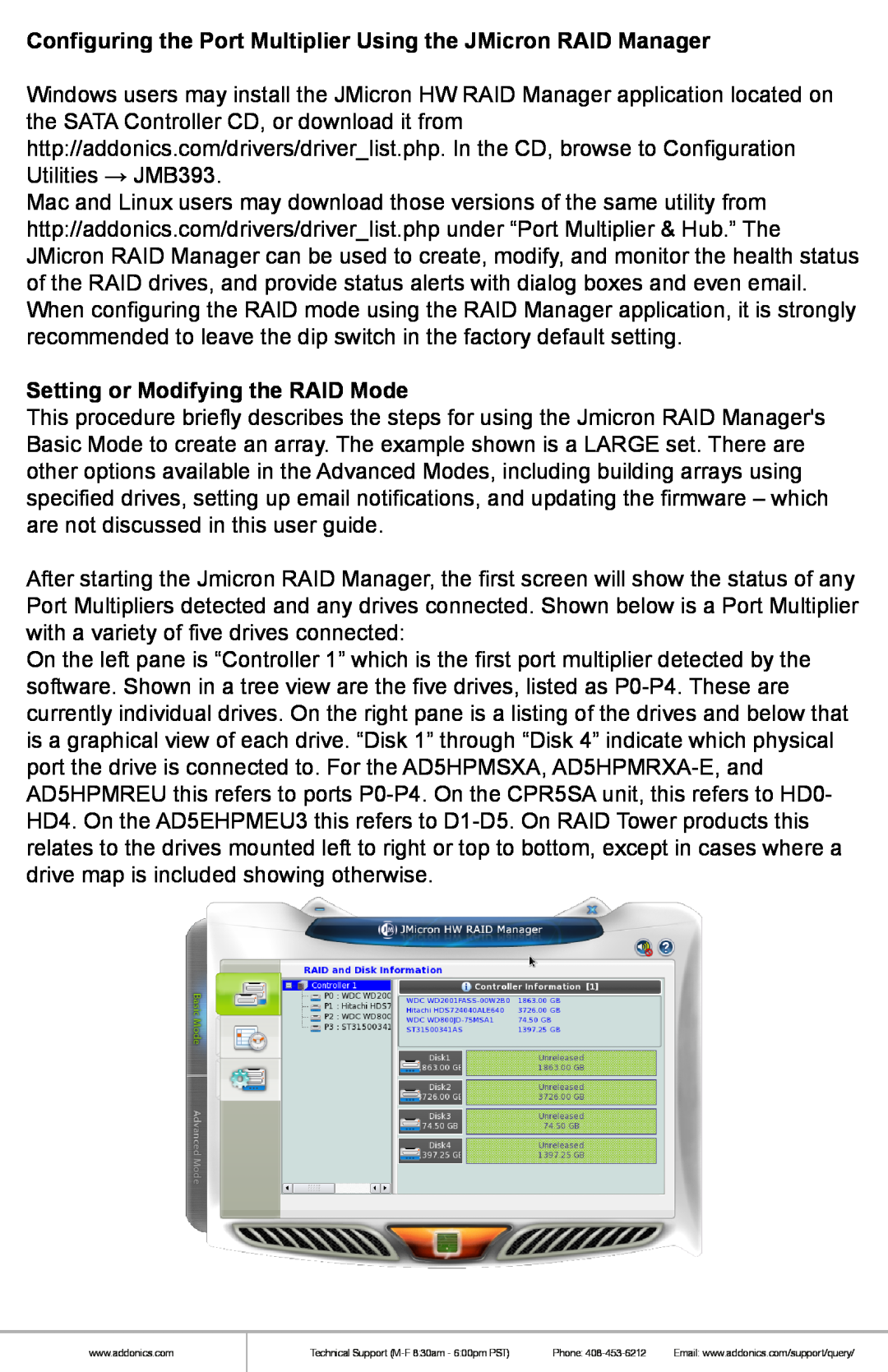 Addonics Technologies R1ESU3F manual Configuring the Port Multiplier Using the JMicron RAID Manager 