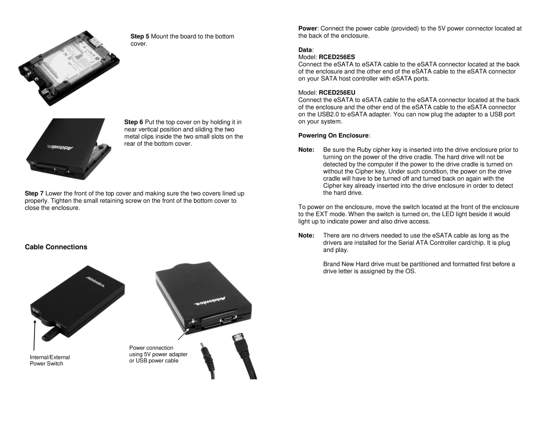 Addonics Technologies manual Data Model RCED256ES, Model RCED256EU, Powering On Enclosure 