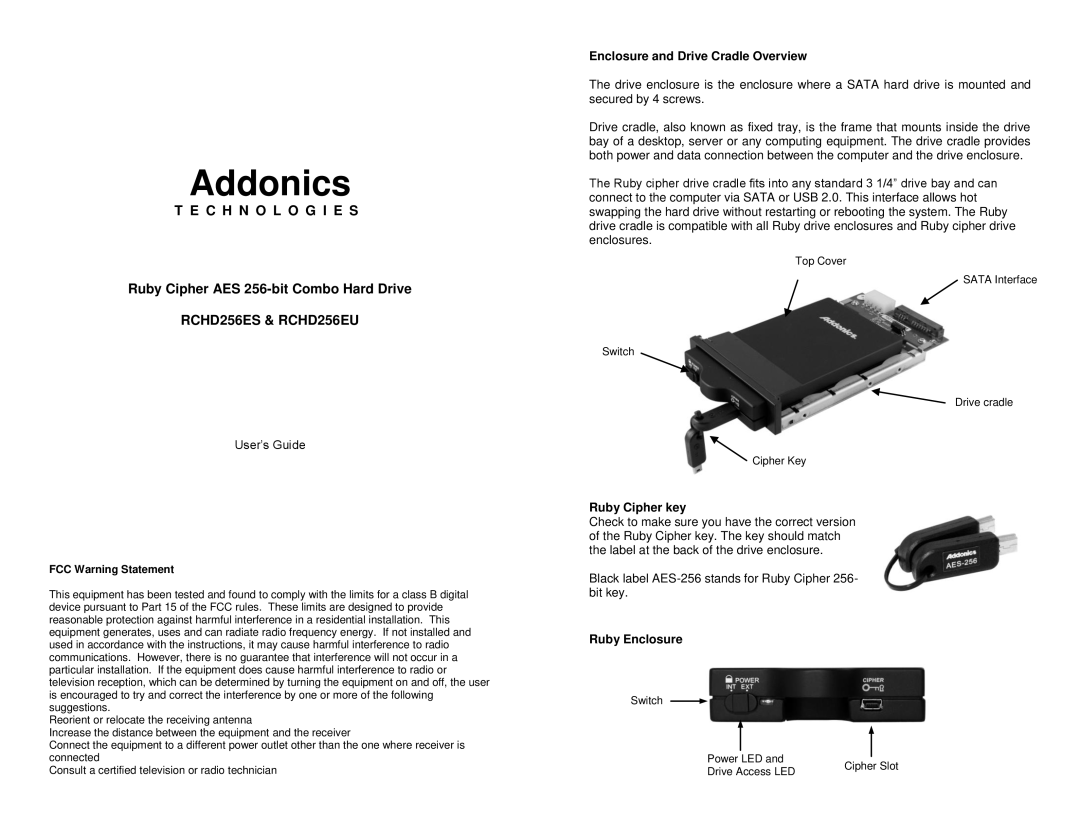 Addonics Technologies RCHD256EU, RCHD256ES manual Enclosure and Drive Cradle Overview, Ruby Cipher key, Ruby Enclosure 