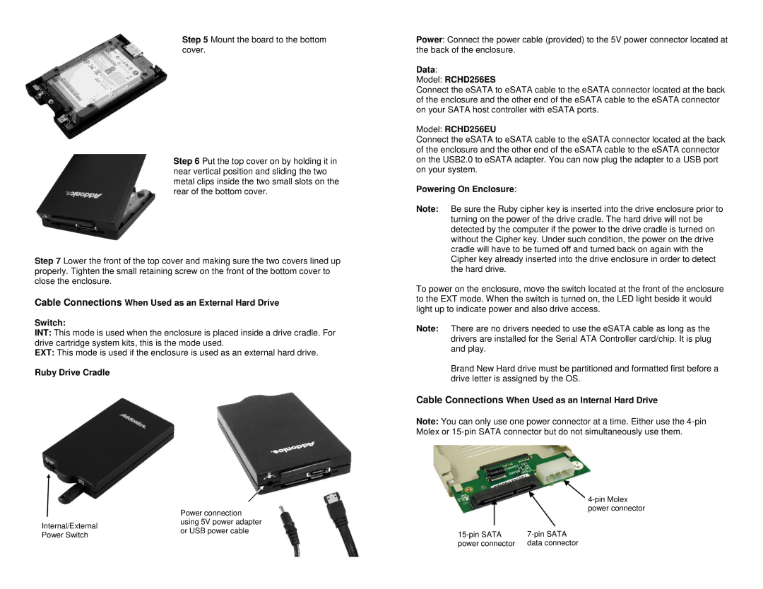 Addonics Technologies manual Ruby Drive Cradle, Data Model RCHD256ES, Model RCHD256EU, Powering On Enclosure 