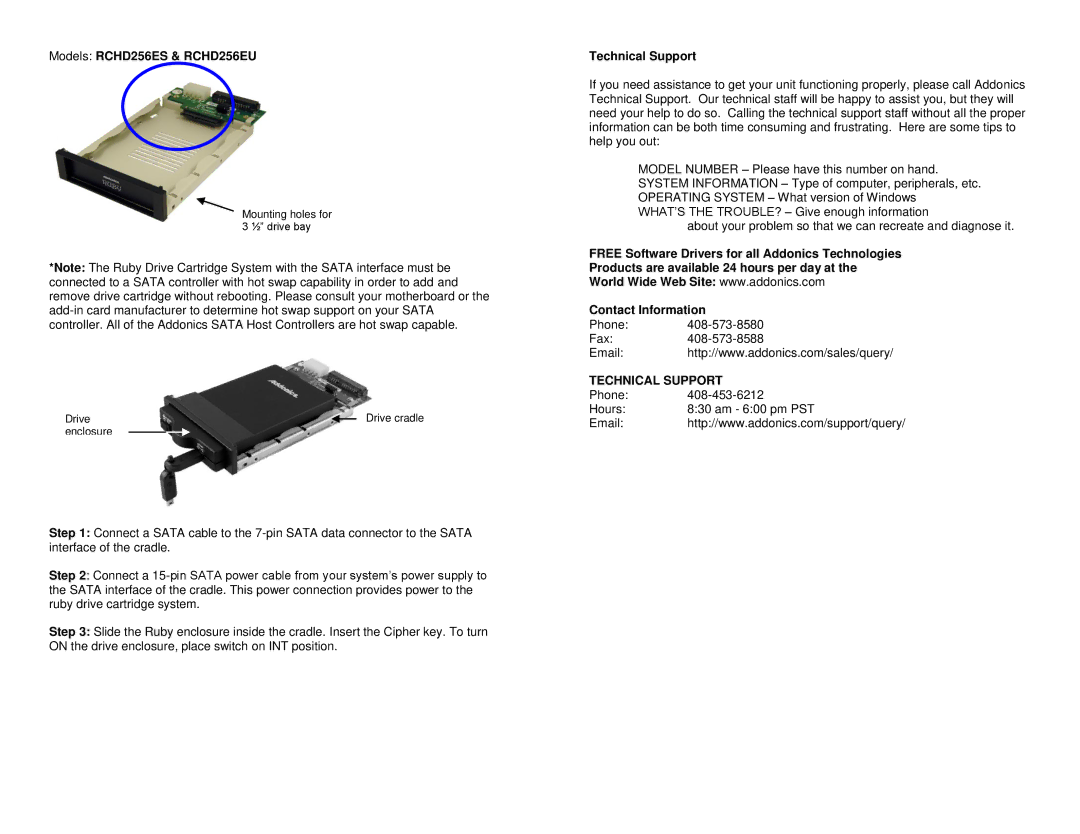 Addonics Technologies manual Models RCHD256ES & RCHD256EU, Technical Support 