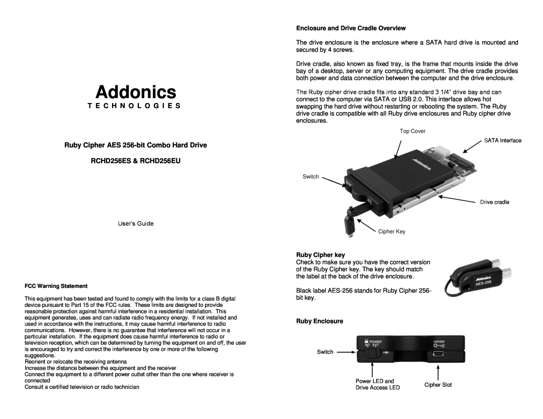 Addonics Technologies RCHD256EU manual Enclosure and Drive Cradle Overview, Ruby Cipher key, Ruby Enclosure, Addonics 