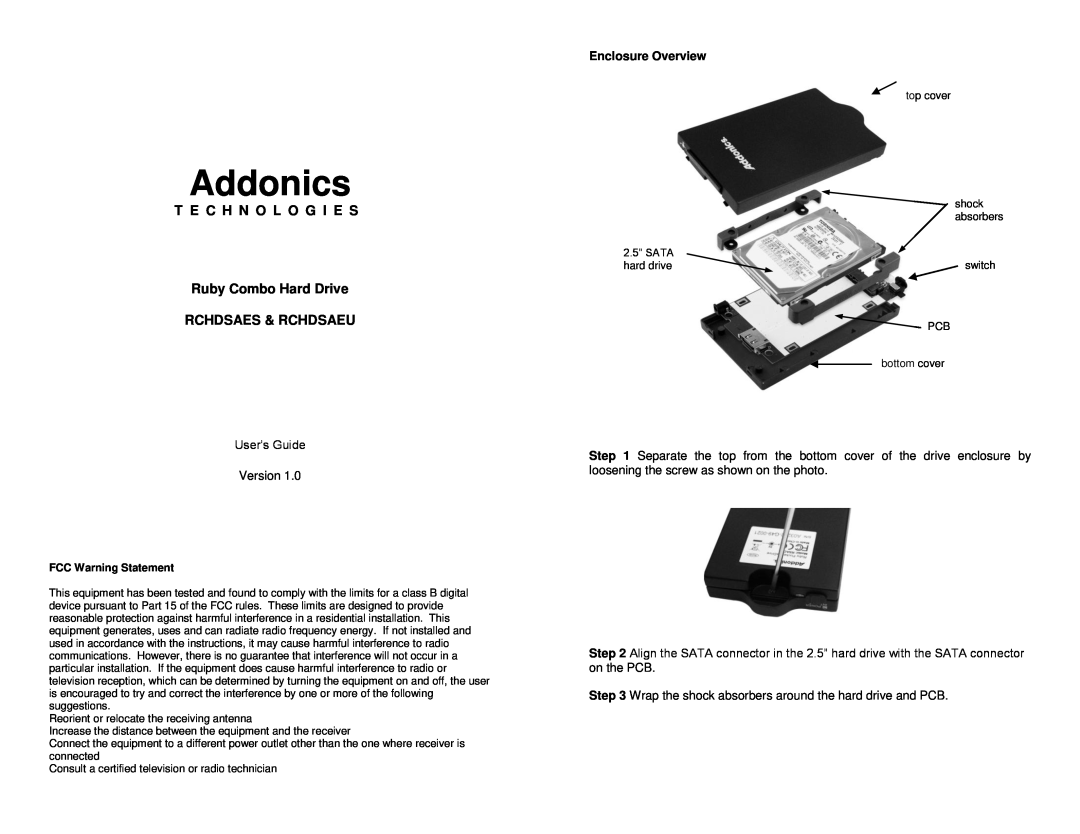 Addonics Technologies manual T E C H N O L O G I E S Ruby Combo Hard Drive RCHDSAES & RCHDSAEU, Addonics 