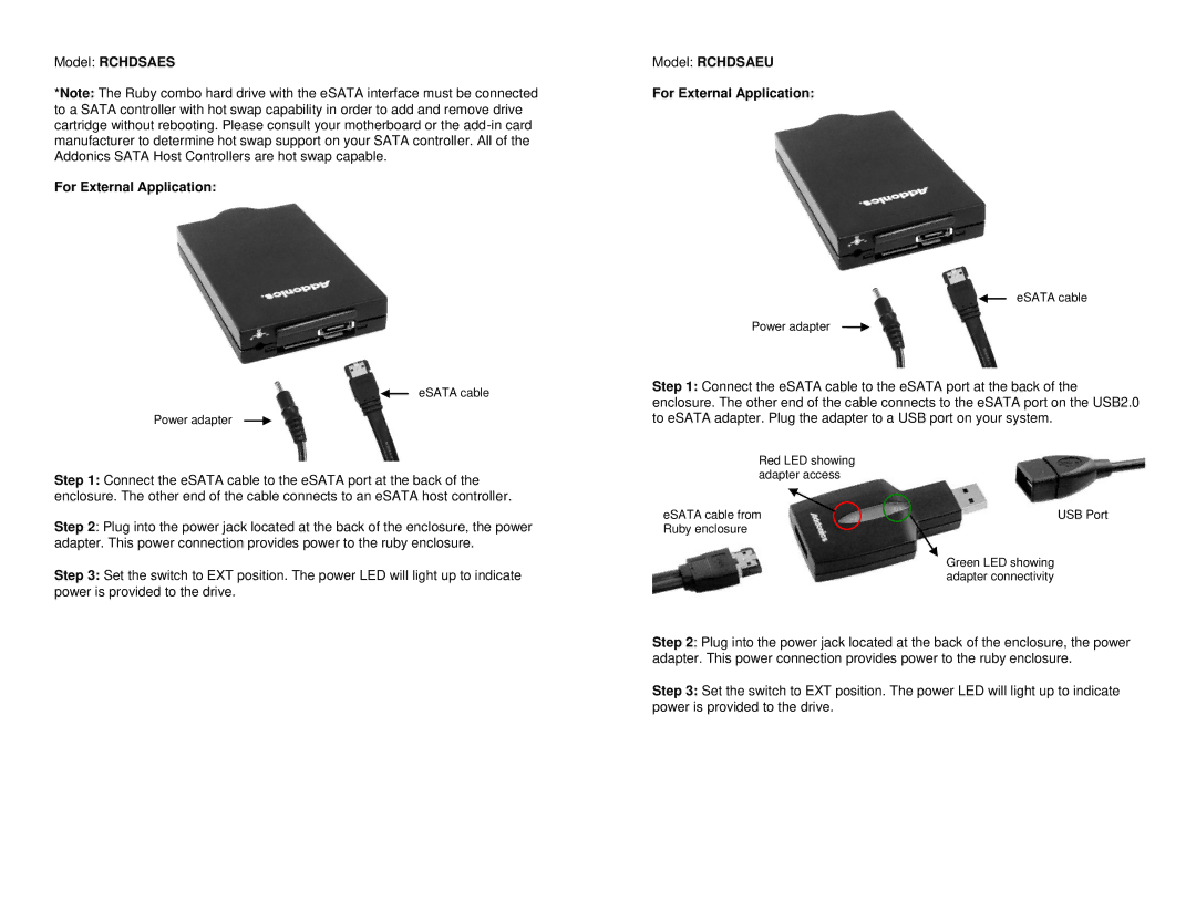 Addonics Technologies RCHDSAES manual Model Rchdsaes For External Application, Model Rchdsaeu For External Application 