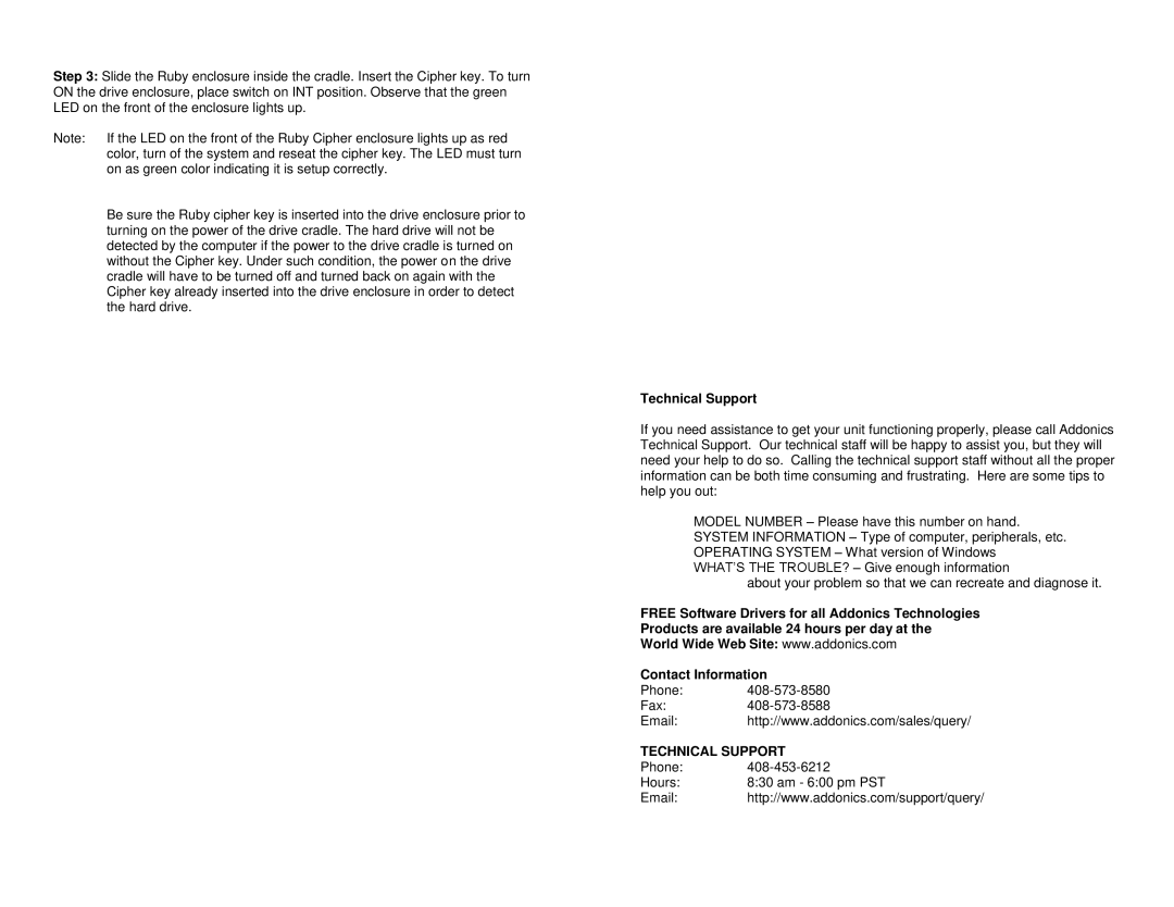 Addonics Technologies RCMR256I, RCMR256SC manual Technical Support 