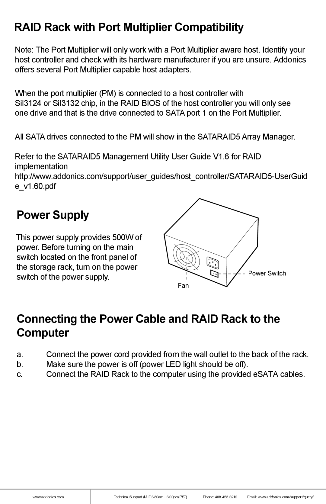 Addonics Technologies RR2035ASDES manual RAID Rack with Port Multiplier Compatibility, Power Supply 