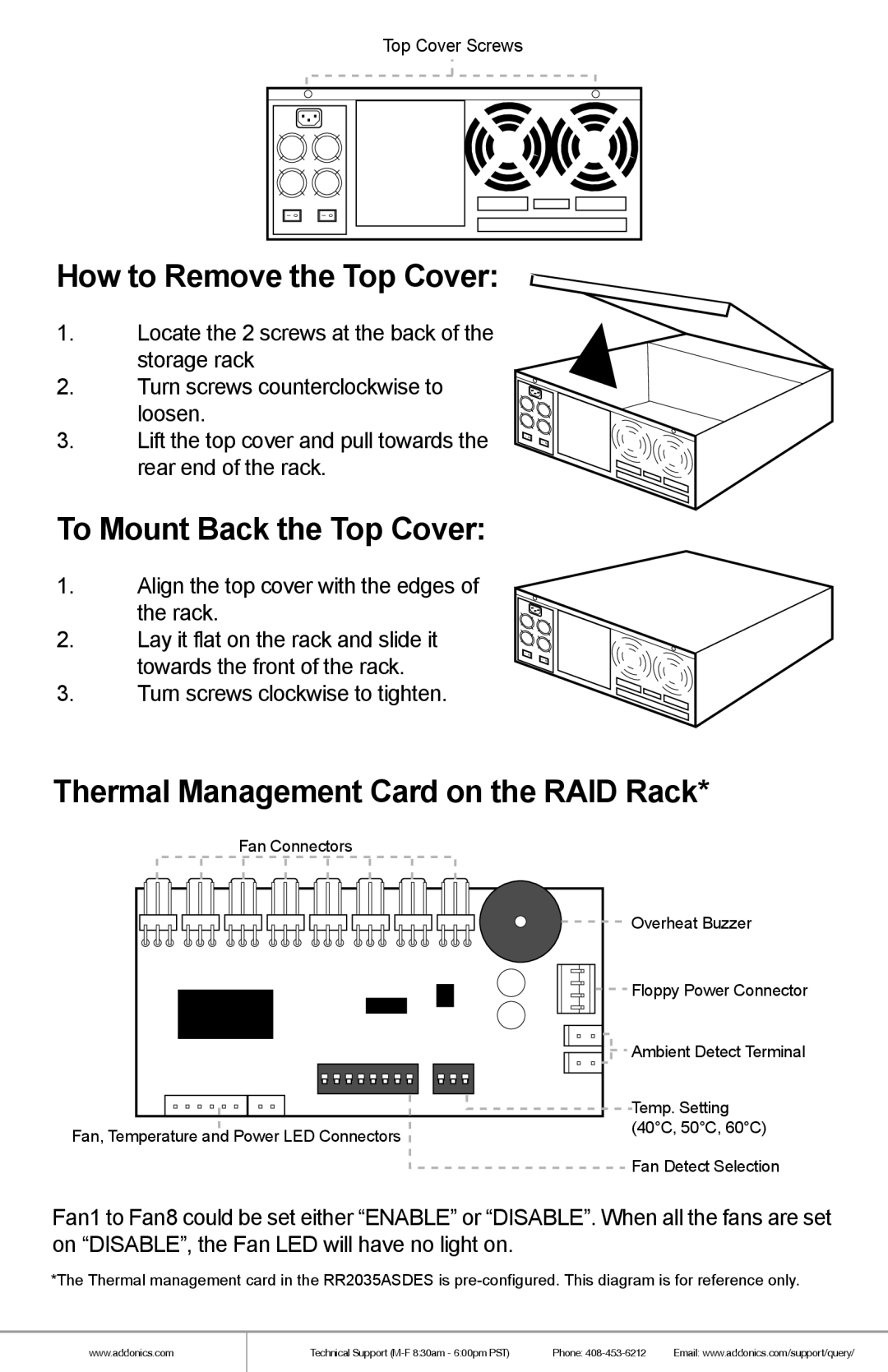 Addonics Technologies RR2035ASDES manual Thermal Management Card on the RAID Rack, How to Remove the Top Cover 