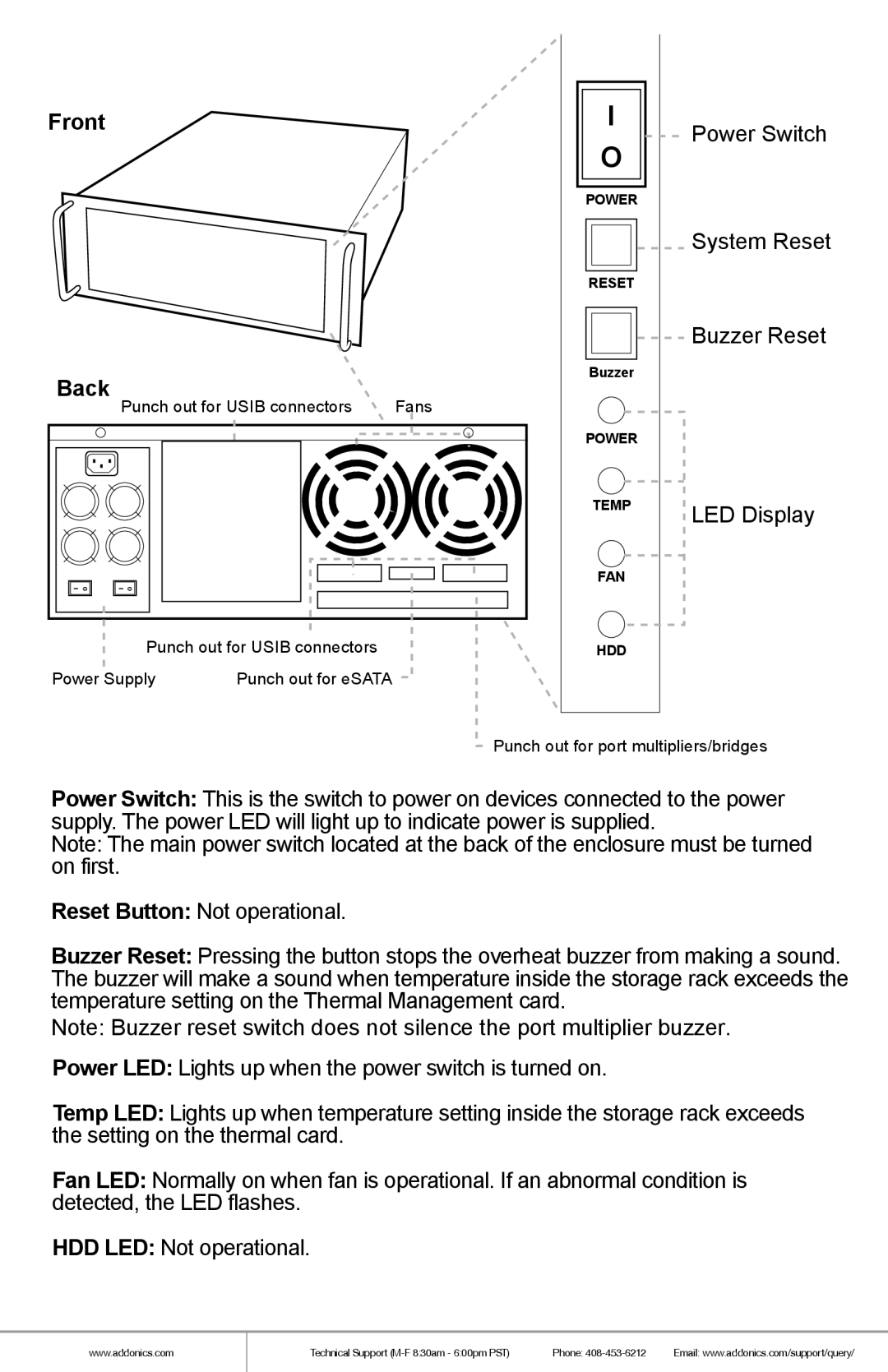 Addonics Technologies RR2035ASDES manual Front Power Switch, System Reset, Buzzer Reset, Back, LED Display 