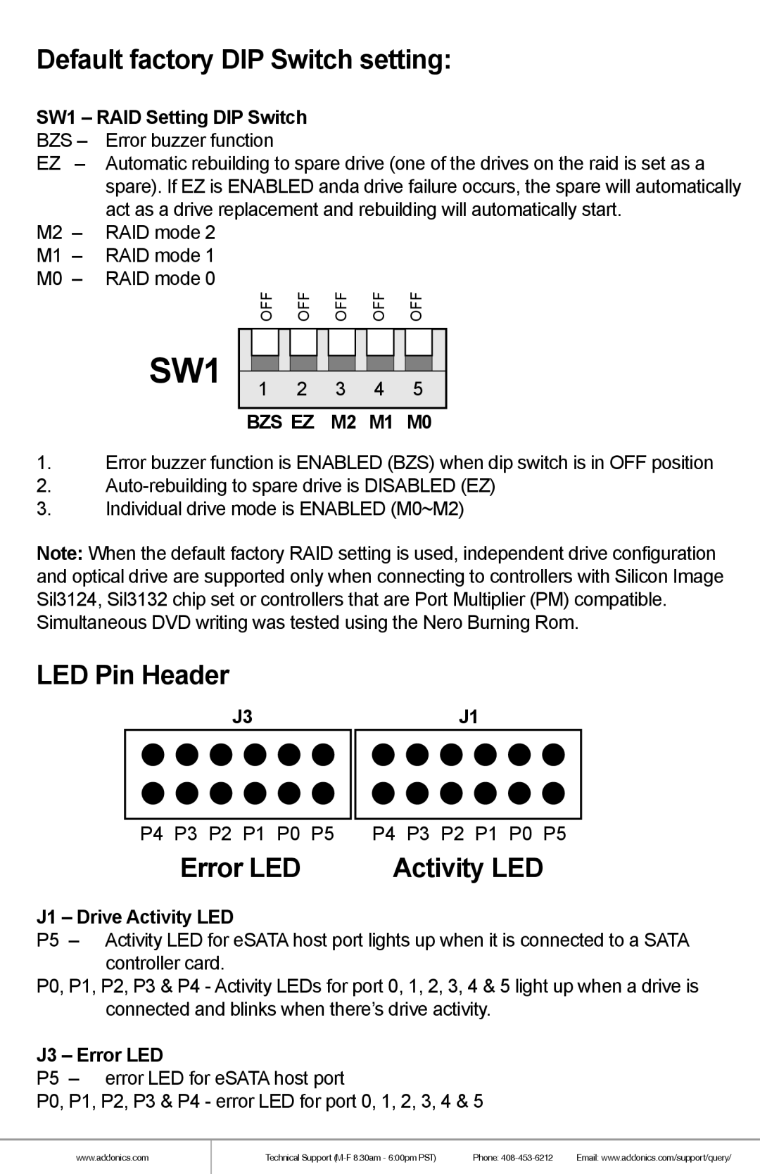 Addonics Technologies RR2035ASDES manual Default factory DIP Switch setting, LED Pin Header, Error LED, Activity LED 