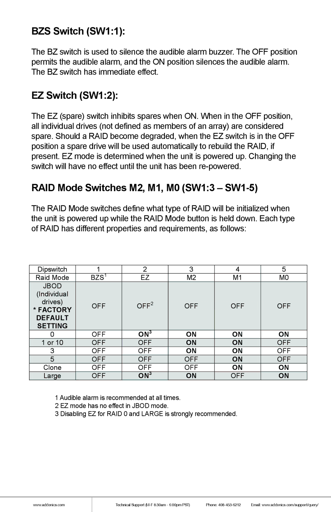 Addonics Technologies RR2035ASDML manual BZS Switch SW11 